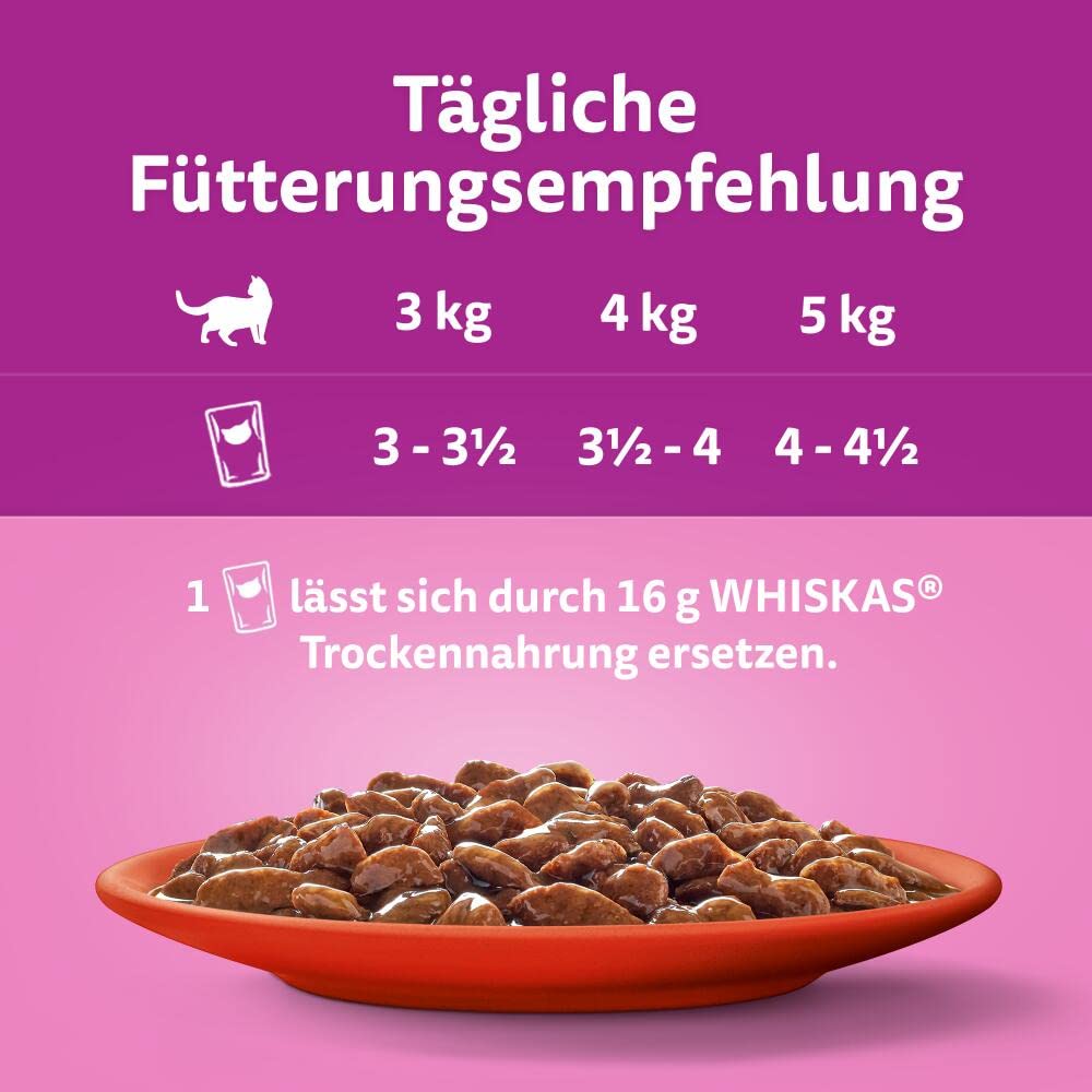 Whiskas 1+ Katzennassfutter Klassische Auswahl in Sauce, 84x85g (1 Großpackung) – Hochwertiges Nassfutter für ausgewachsene Katzen in 84 Portionsbeuteln