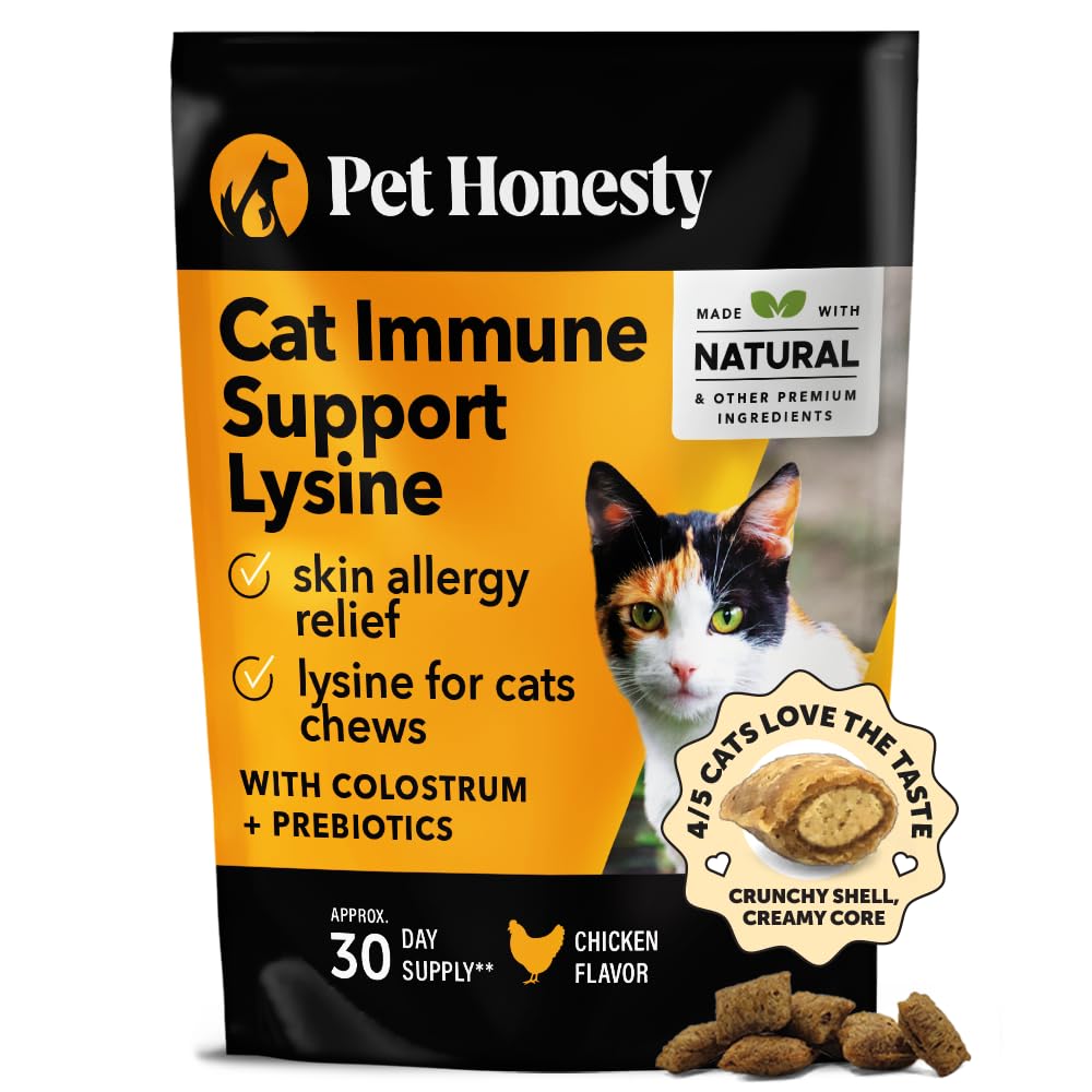 Pet Honesty Cat Immune Support Lysine - Cat Allergy Relief - Sneezing, Runny Nose, Watery Eyes - Cat Supplements & Vitamins with Omega 3s, L-Lysine, Antioxidants, Colostrum - Chicken (30 Day Supply)