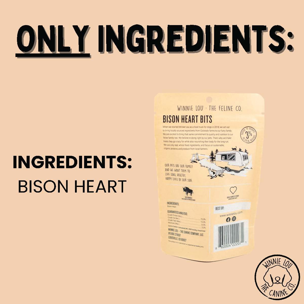 Winnie Lou The Canine Co. Grass-Fed Bison Heart Bits Cat Treats (Pack of 3) - Single Ingredient, High Protein Cat Food Snacks, Grain Free & Made in USA, with Taurine, Iron & Zinc for Healthy Cats