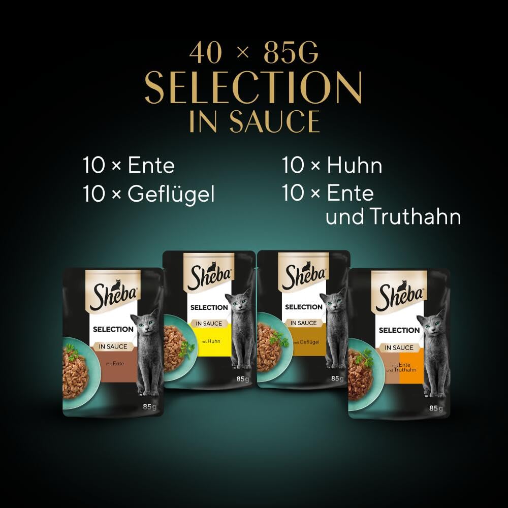 Sheba Katzennassfutter Selection in Sauce, 40 Portionsbeutel, 40x85g (1 Großpackung) – Katzenfutter nass, Geflügel Variation mit Ente, Huhn, Geflügel und Truthahn