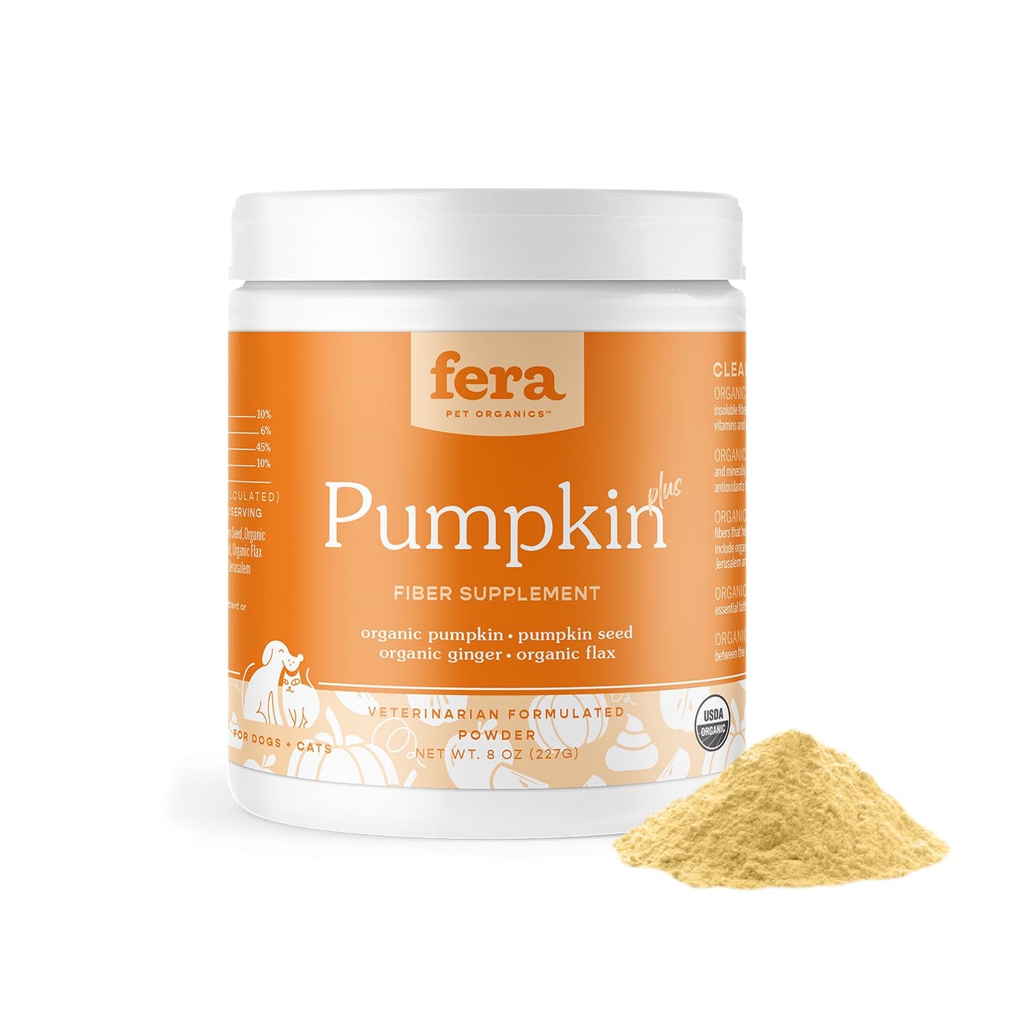 Fera Pet Organics Pumpkin Plus Fiber Supplement for Pets - Vet Created - Dog & Cat Regularity & Gut Function - Organic Pumpkin Seeds, Flax Seeds - 90 Scoops