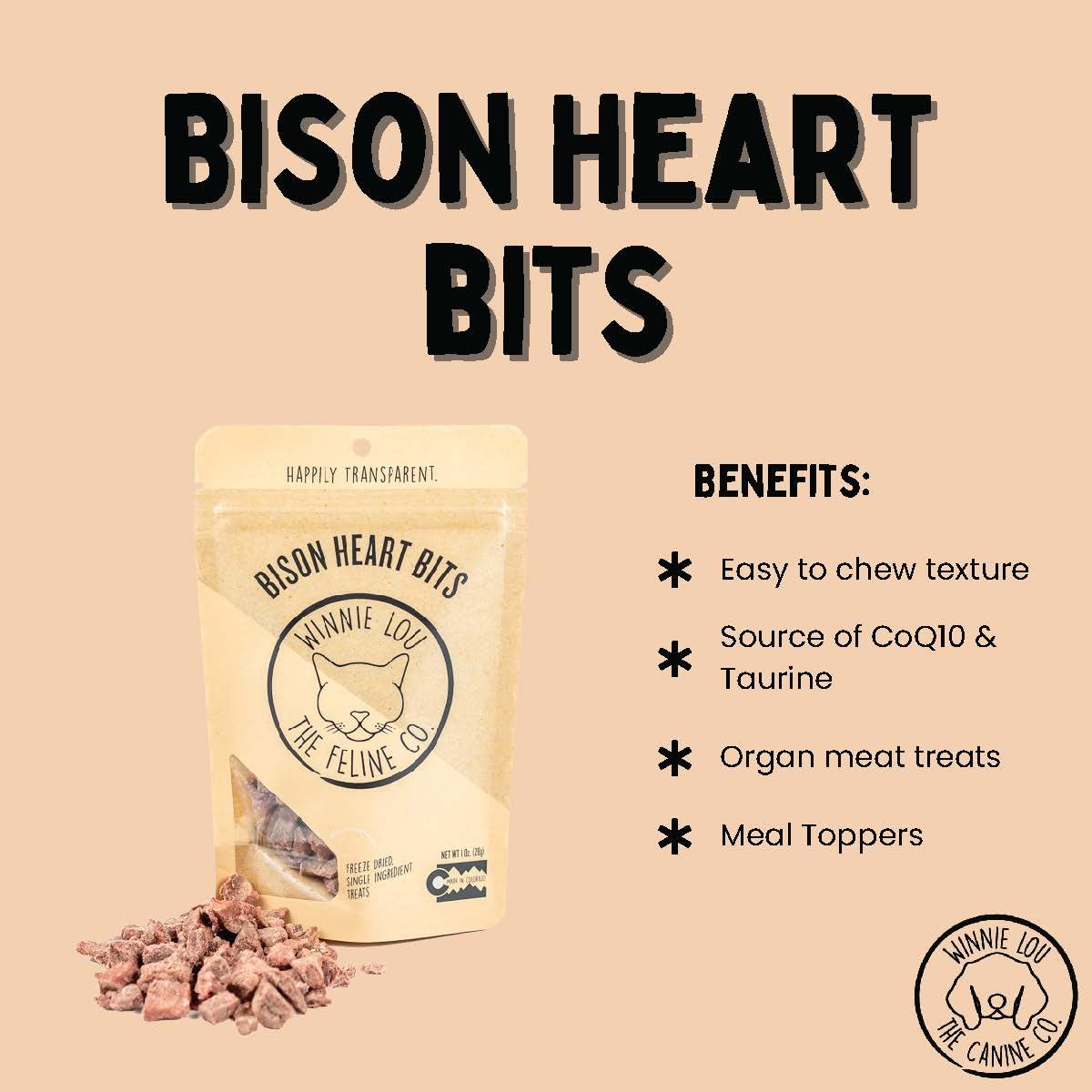 Winnie Lou The Canine Co. Grass-Fed Bison Heart Bits Cat Treats (Pack of 3) - Single Ingredient, High Protein Cat Food Snacks, Grain Free & Made in USA, with Taurine, Iron & Zinc for Healthy Cats