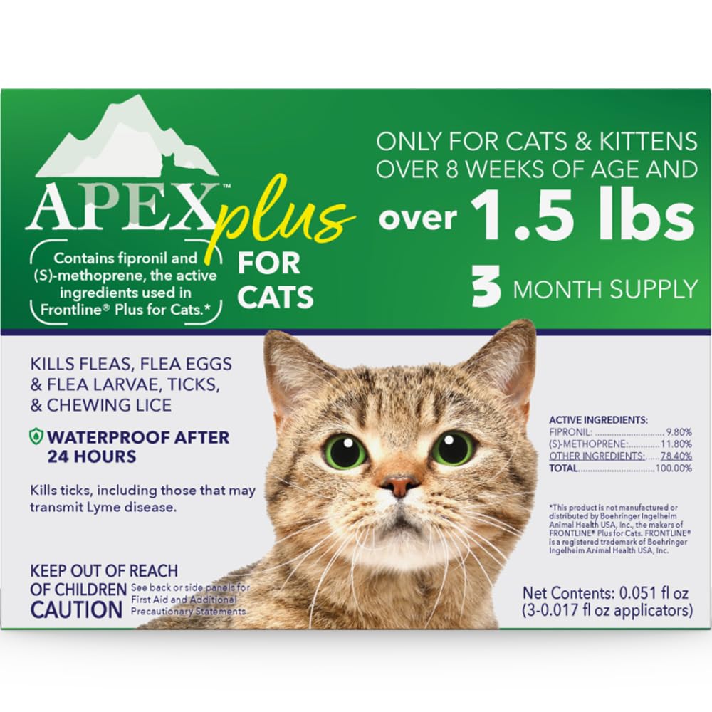 Apex Plus Flea Treatment for Cats, 1.5+ lbs | 3-Month Supply | Cat Flea and Tick Treatment Drops | 24-Hour Activation, Waterproof, 30-Day Protection