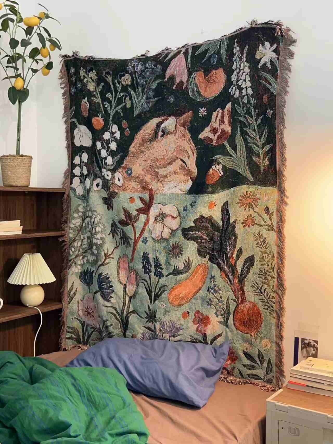 Oil Painting Cartoon Cat Nap Tapestry