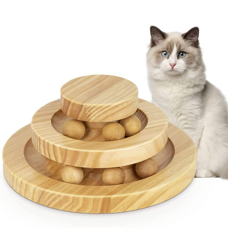 Solid Wood Cat Toy Wooden Turntable Rolling Ball Double Layer Tease Cat Bite Resistant Toy