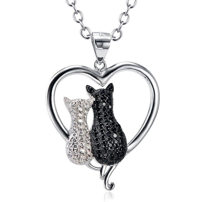 S925 Sterling Silver Creative Full Diamond Couple Cat Necklace female pendant jewelry