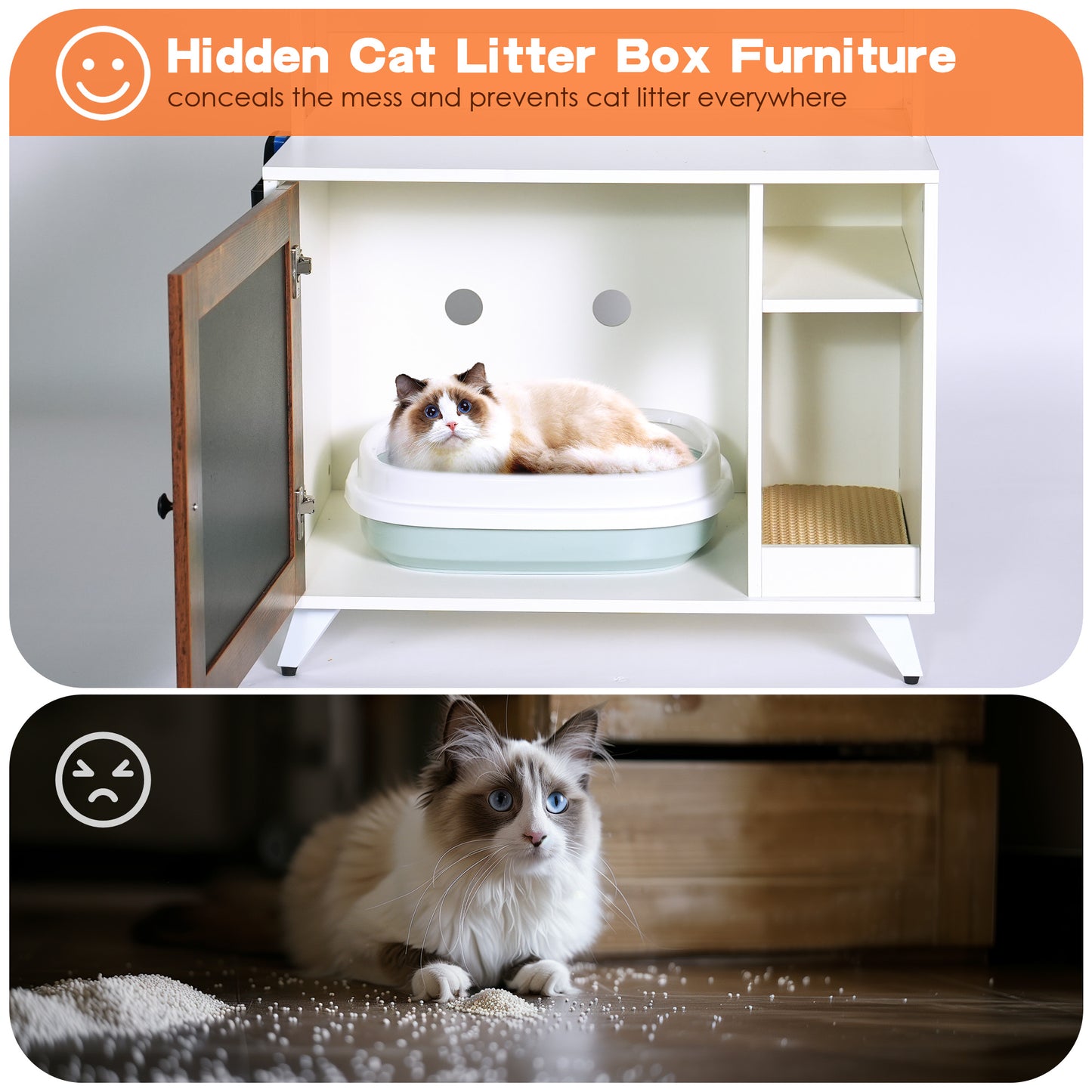 Graffiti with 2 storage racks and 1 door cat litter box shell, hidden cat litter box with rack shell furniture white