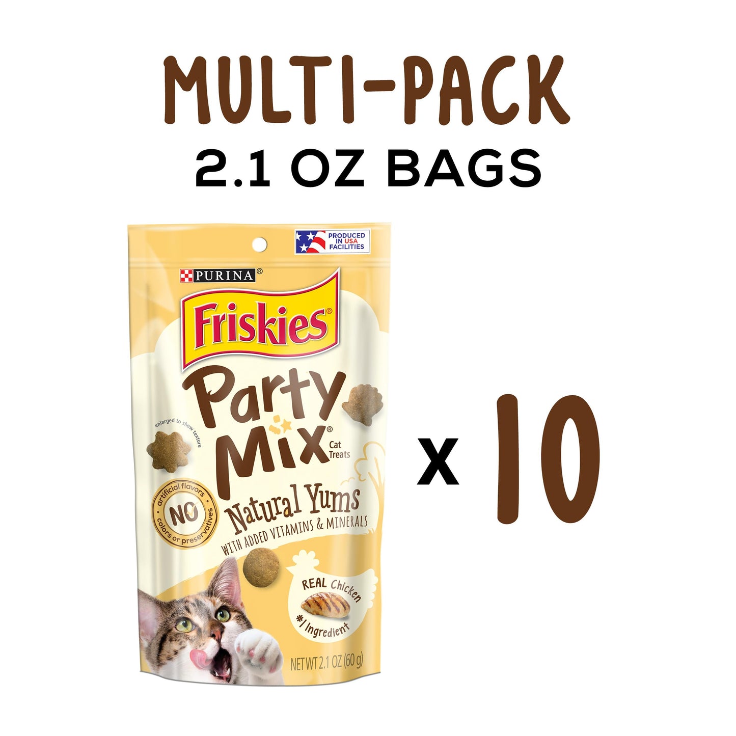 Purina Friskies Natural Cat Treats, Party Mix Natural Yums With Real Chicken & Vitamins, Minerals & Nutrients - (Pack of 10) 2.1 oz. Pouches