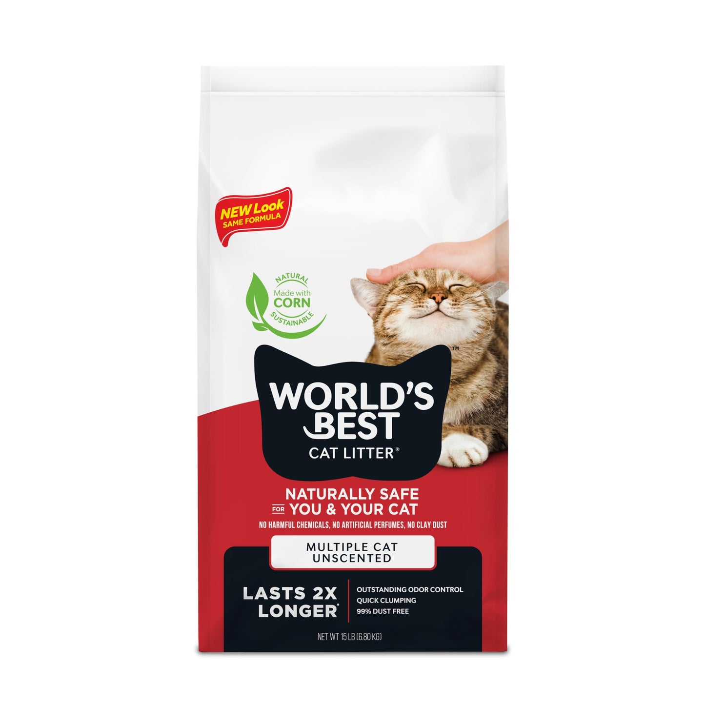 WORLD'S BEST CAT LITTER Multiple Cat Unscented, 15-Pounds - Natural Ingredients, Quick Clumping, Flushable, 99% Dust Free & Made in USA - Long-Lasting Odor Control & Easy Scooping