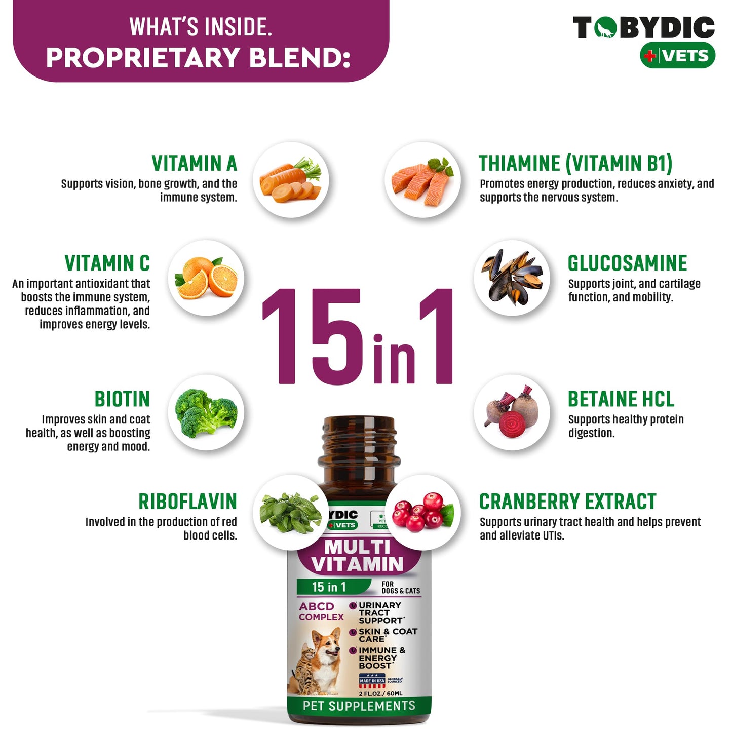 TOBYDIC Cat & Dog Multivitamin -15 in 1 Pet Supplements with Cranberry & Glucosamine - Natural Medicine & Support for UTI, Urinary Tract, Bladder, Kidney, Skin Coat, Joints Treatment Made in USA