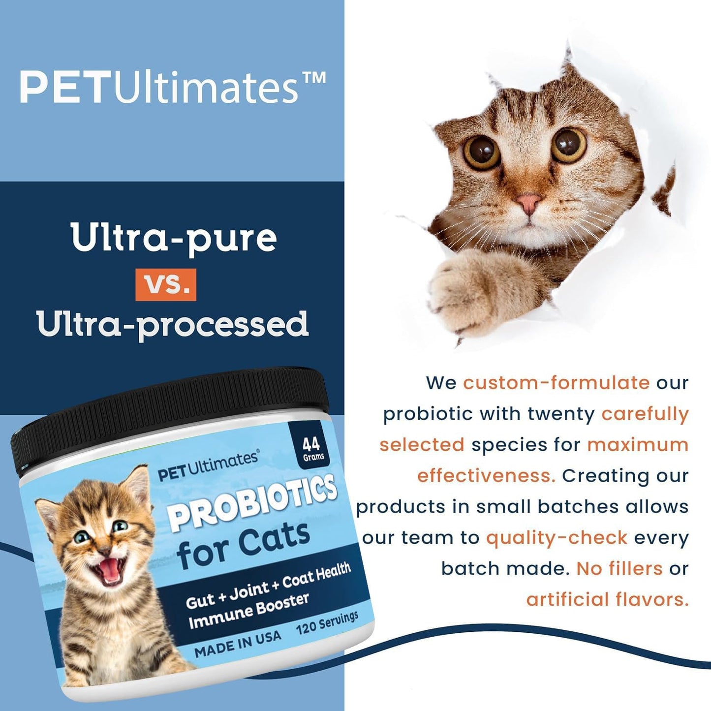 Pet Ultimates Probiotics for Cats – 20-Species Cat Probiotic Powder to Treat Diarrhea, Vomiting, Digestive Support & Cat Antibiotics Recovery – Cat Health Supplies (44 gr)