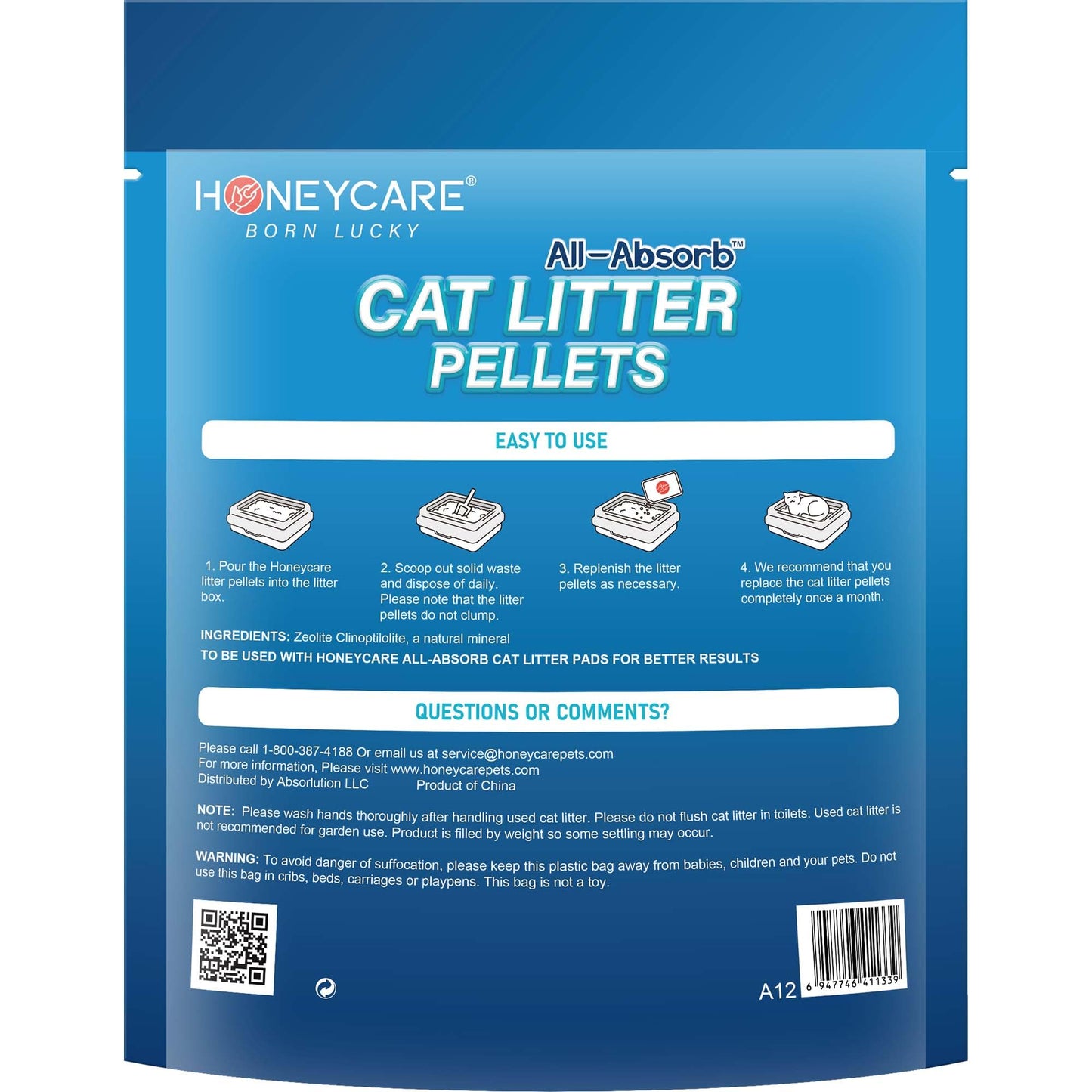 Honeycare All-Absorb Cat Litter Pellets, Zeolite, Long-Lasting Odor Control Non-climping Litter, 14 Lbs Pack