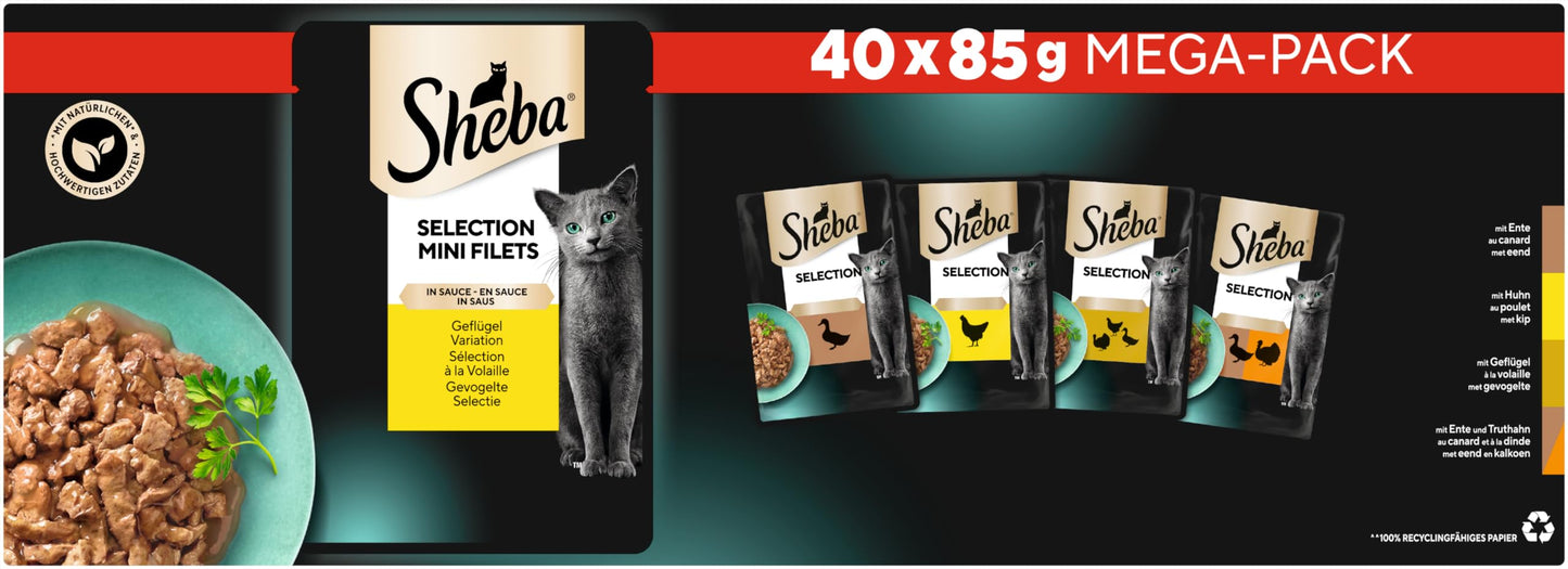 Sheba Katzennassfutter Selection in Sauce, 40 Portionsbeutel, 40x85g (1 Großpackung) – Katzenfutter nass, Geflügel Variation mit Ente, Huhn, Geflügel und Truthahn