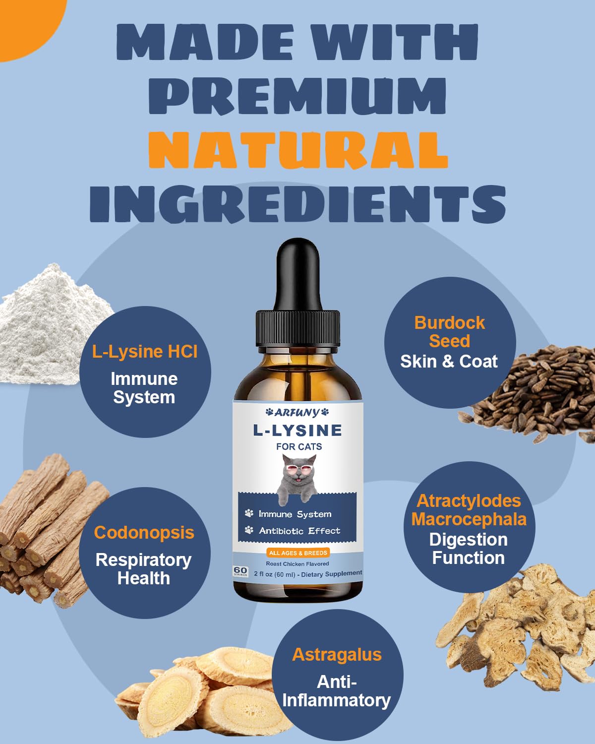 L-ysine Supplement for Cats - Immune Support - 60ML Lysine for Feline Respiratory, Sneezing, Runny Nose, Eye Function - Natural Cat Antibiotic Drops - Roast Chicken Flavor