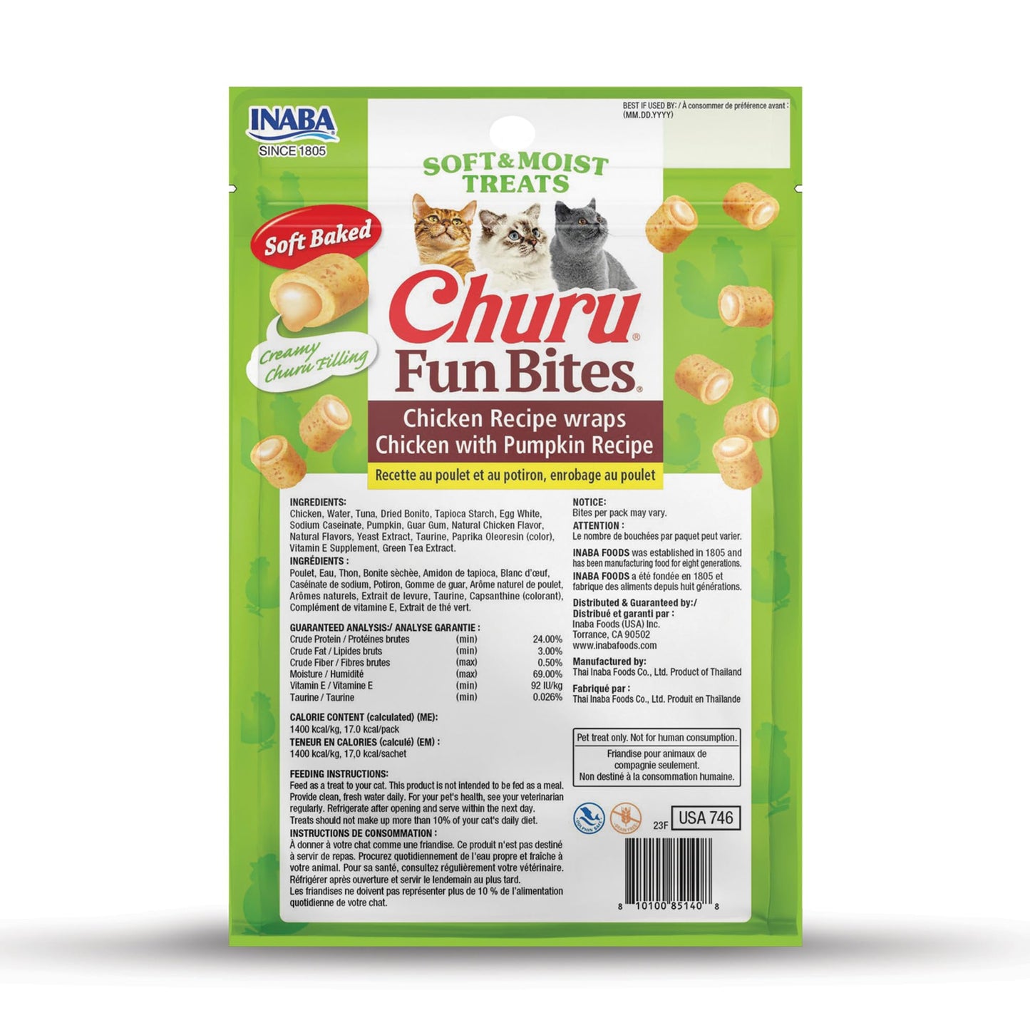 INABA Churu Fun Bites for Cats, Soft & Chewy Baked Chicken Wrapped Filled Cat Treats with Taurine, 0.42 Ounces Each Tetra, 18 Tetras (3 per Bag), Chicken with Pumpkin Recipe