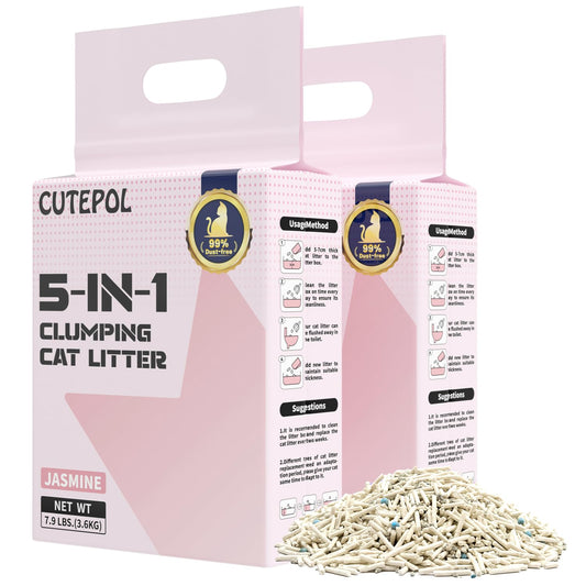 Cutepol Mixed 5-in-1 Clumping Cat Litter 15.8 lb, Odor Control and Rapid Clumping, Water Absorbent and Flushable, Dust-Free, Multi-Cat, Bentonite Tofu and Cassava Cat Litter, Jasmine, 7.9lb/Bag