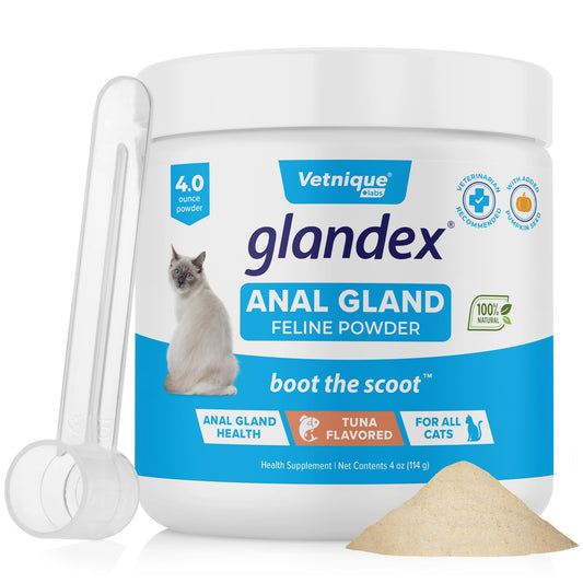 Vetnique Labs Glandex Feline Anal Gland Fiber Supplement Powder for Cats with Digestive Enzyme, Probiotics and Pumpkin, Vet Recommended for Healthy Bowels - Tuna Flavored 4.0 oz, Scoop Included