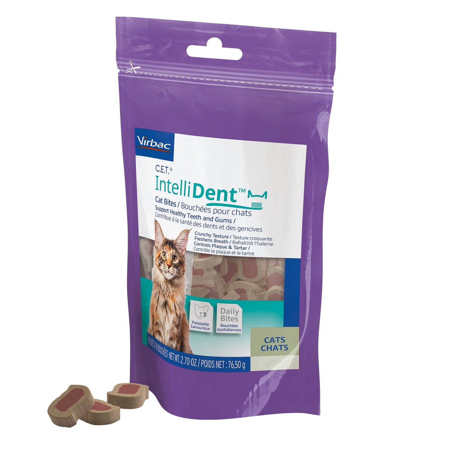 Virbac C.E.T. IntelliDent Cat Bites Dental Care Cat Treats for Healthy Teeth and Gums Fresh Breath Chicken Flavor 90 per Bag