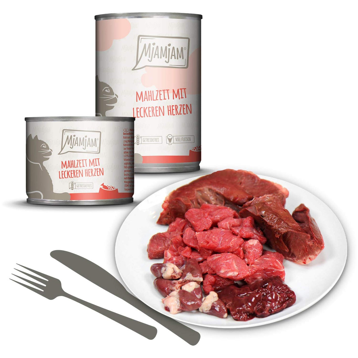 MjAMjAM - Premium Nassfutter für Katzen - Mixpaket I - Huhn, Rind, Herzen, 6er Pack (6 x 800g), getreidefrei mit extra viel Fleisch