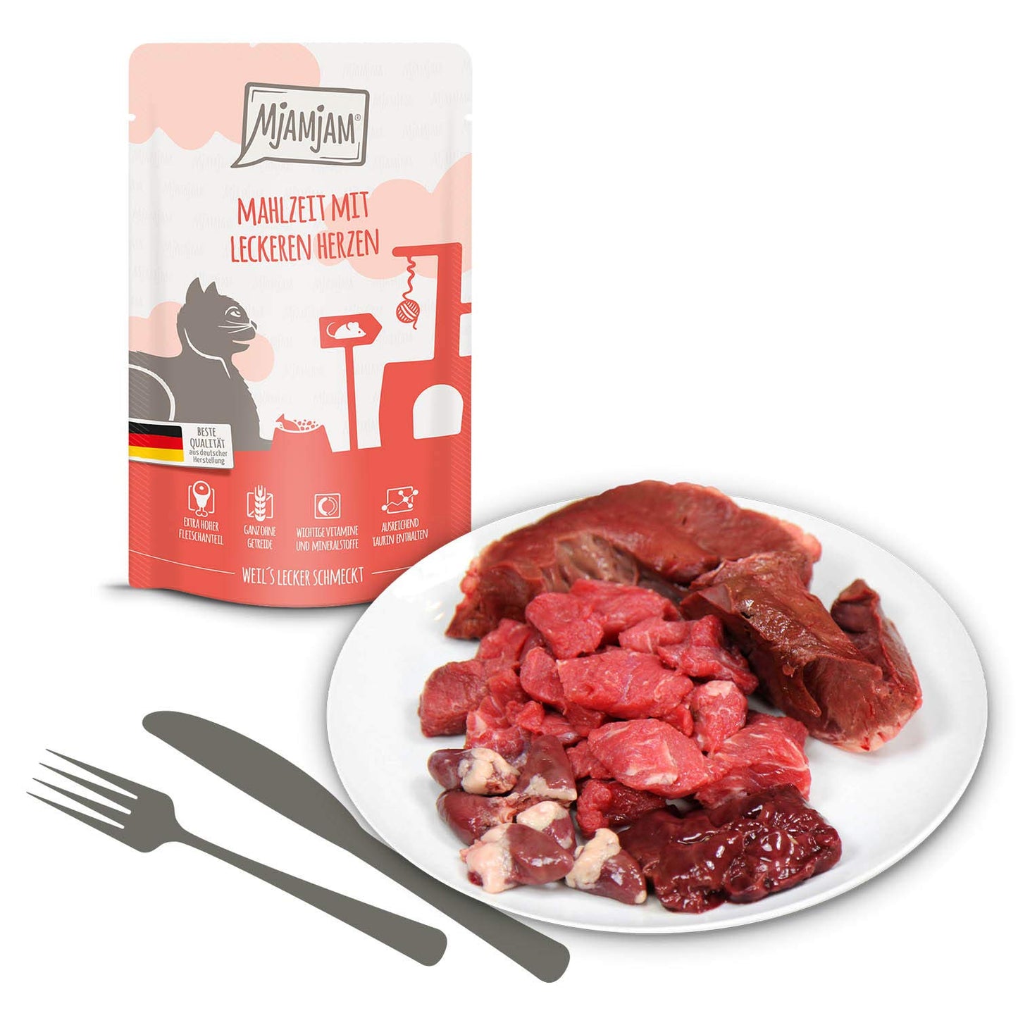 MjAMjAM - Premium Nassfutter für Katzen - Mixpaket I - Huhn, Rind, Herzen, 12er Pack (12 x 125 g), getreidefrei mit extra viel Fleisch