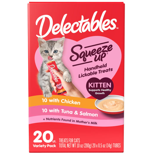 Delectables Squeeze Up Kitten Variety Pack, Creamy Squeezable Puree, Lickable Wet Cat Treats, Grain Free, No Added Fillers, No by-Products, No Added Preservatives, 0.5 Ounces Tube, 20 Tubes Total