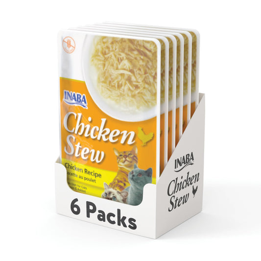 INABA Chicken Stew for Cats, Shredded Chicken & Broth Gelée Side Dish/Topper with Vitamin E, 1.4 Ounce Each Pounch, 6 Pouches, Chicken Recipe