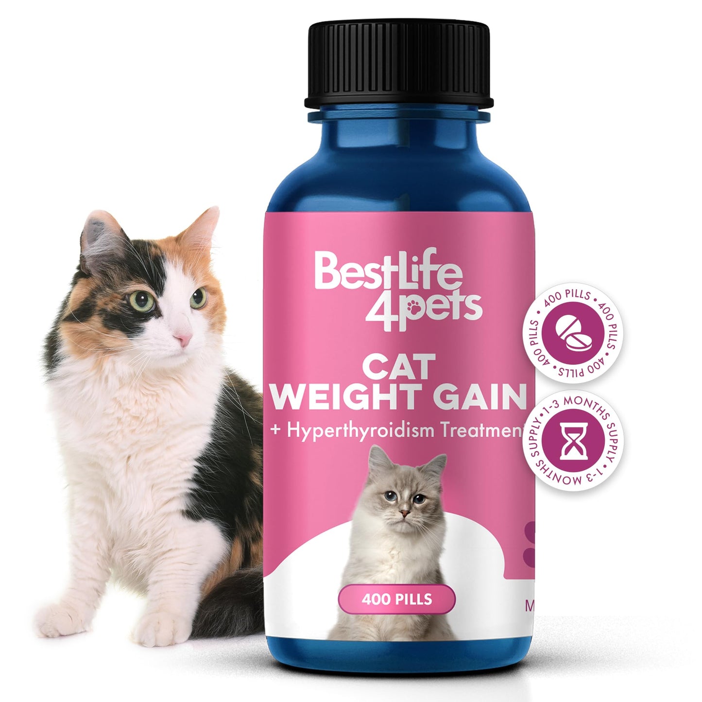 Cat Weight Gain & Hyperthyroidism Treatment, Safe and Effective Cat Appetite Stimulant, Thyroid and Metabolic Support, Weight Management Remedy, 400 All-Natural Odorless, Tasteless Pills