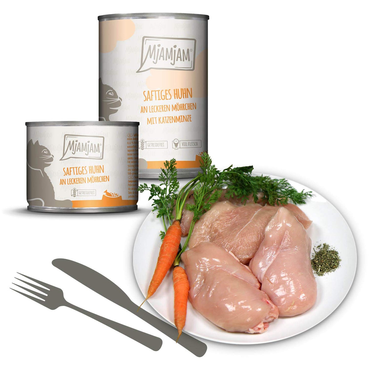 MjAMjAM - Premium Nassfutter für Katzen - Mixpaket I - Huhn, Rind, Herzen, 6er Pack (6 x 800g), getreidefrei mit extra viel Fleisch