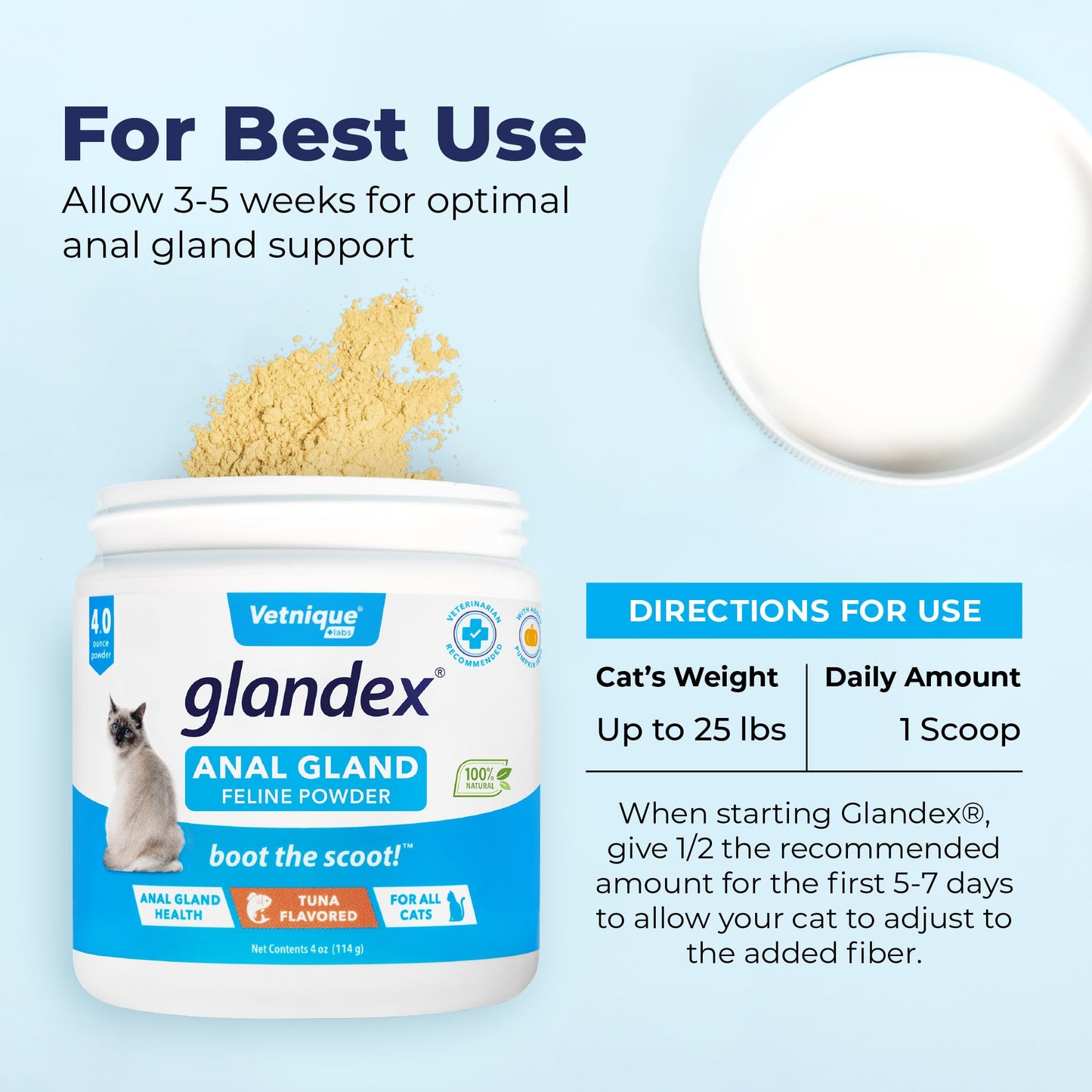 Vetnique Labs Glandex Feline Anal Gland Fiber Supplement Powder for Cats with Digestive Enzyme, Probiotics and Pumpkin, Vet Recommended for Healthy Bowels - Tuna Flavored 4.0 oz, Scoop Included