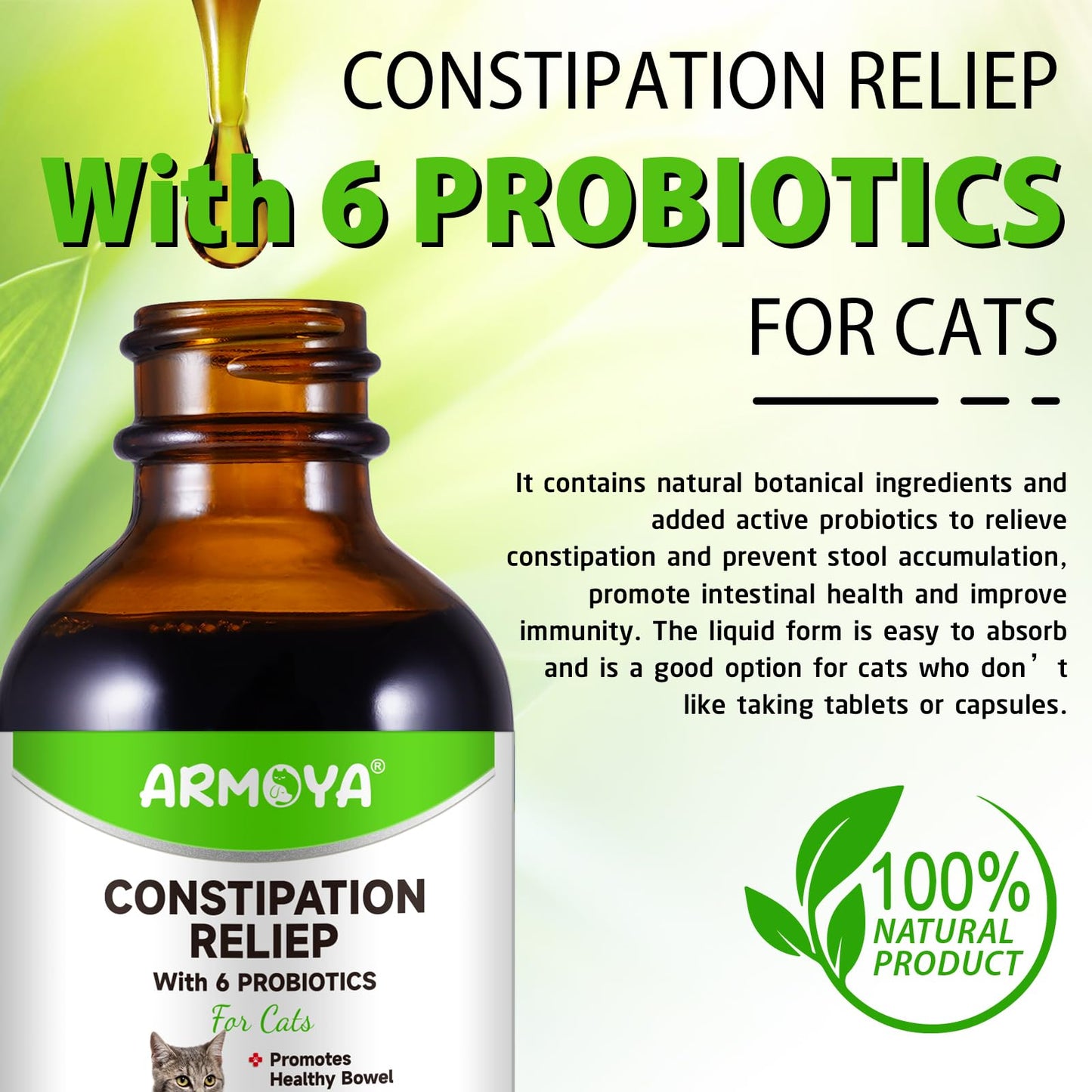 Cat Constipation Relief, Constipation Relief for Cat, Cat Laxative Constipation Relief, 100% Natural Cat Laxative with 6 Probiotics Cat Stool Softener, Promotes Digestive Health - 2 fl oz