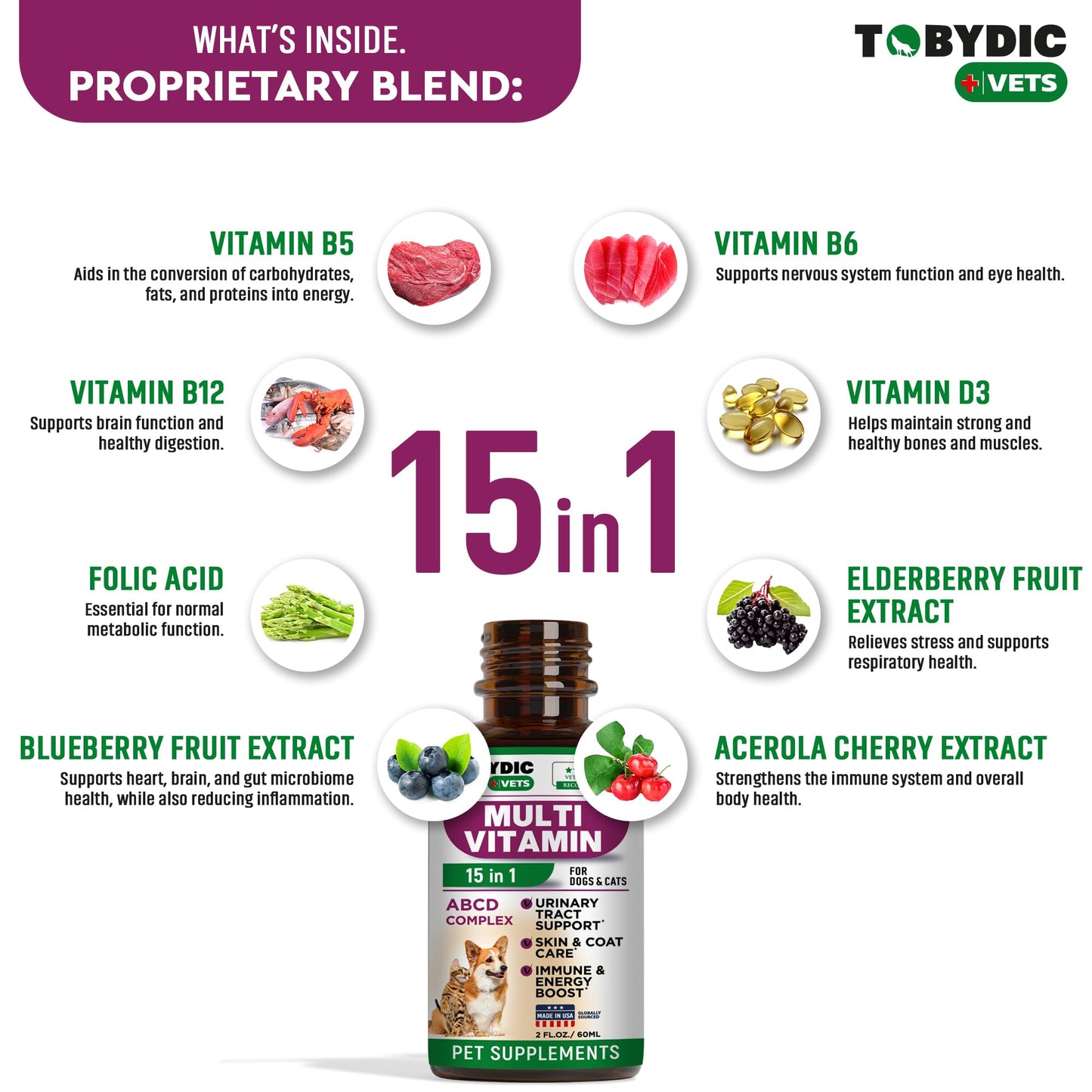 TOBYDIC Cat & Dog Multivitamin -15 in 1 Pet Supplements with Cranberry & Glucosamine - Natural Medicine & Support for UTI, Urinary Tract, Bladder, Kidney, Skin Coat, Joints Treatment Made in USA