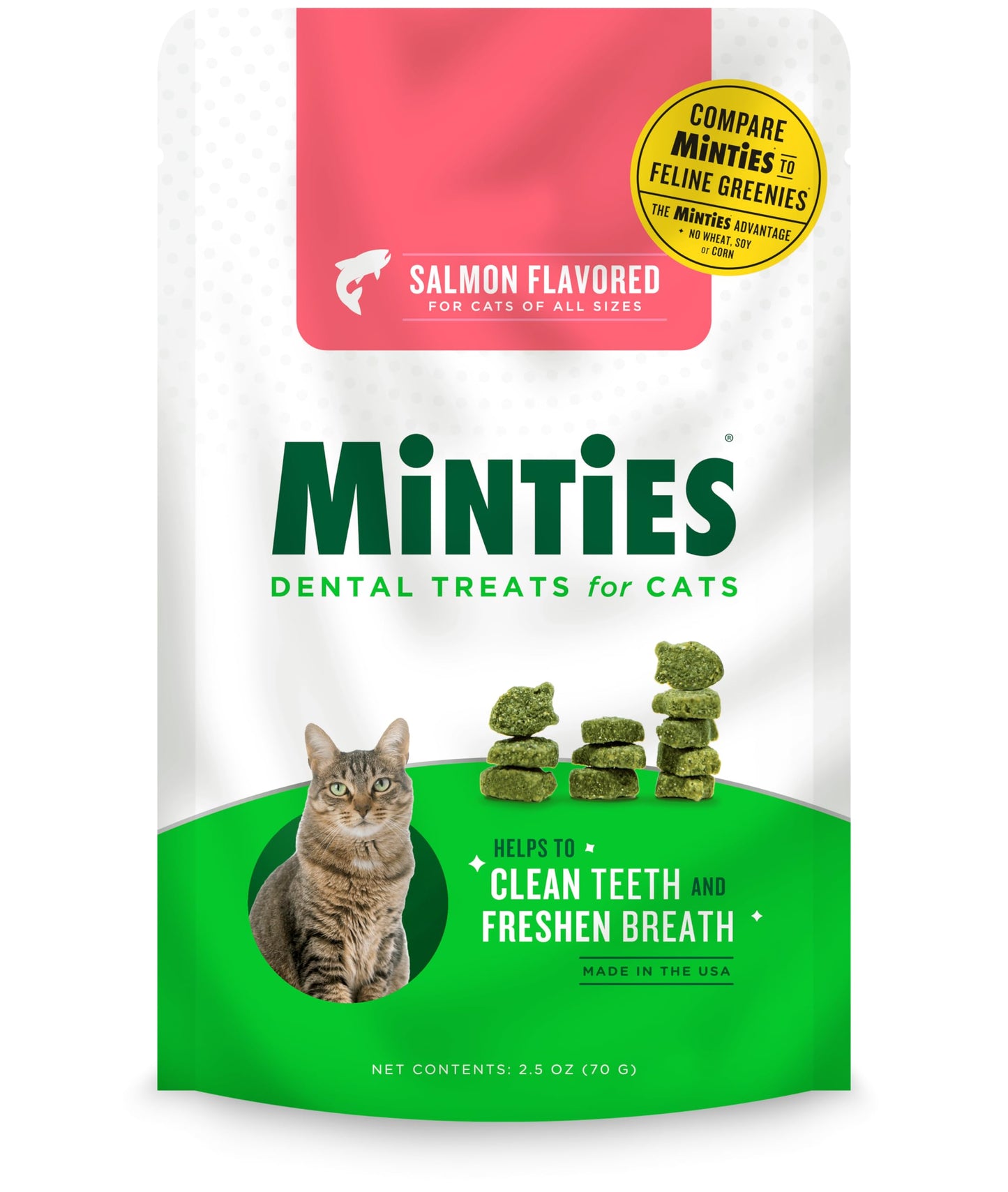 Minties Dental Treats for Cats, Salmon Flavored Treats for Cats, Freshens Breath and Controls Tartar, 2.5oz