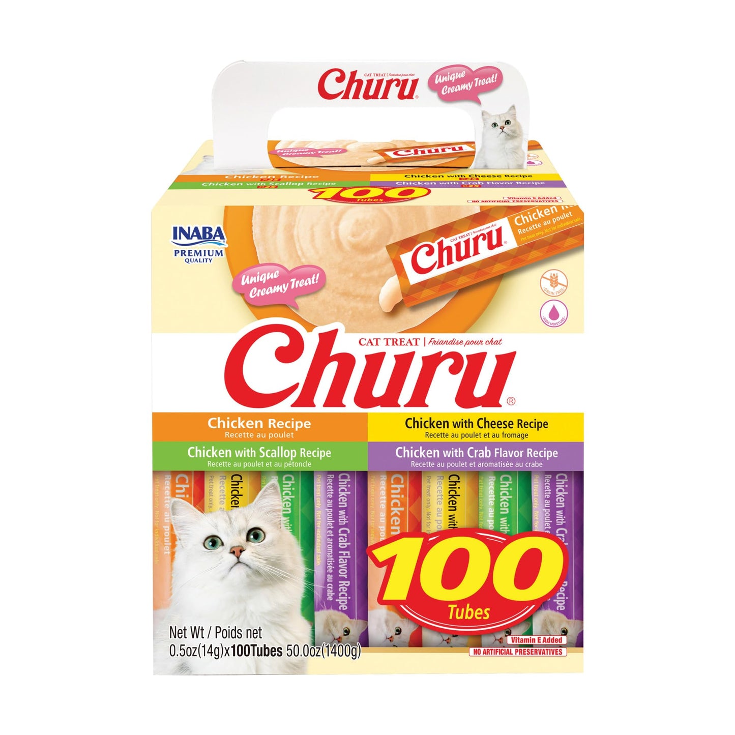 INABA Churu Cat Treats, Lickable, Squeezable Creamy Purée with Vitamin E, 0.5 Ounces per Tube, 100 Tubes Total, Chicken Variety