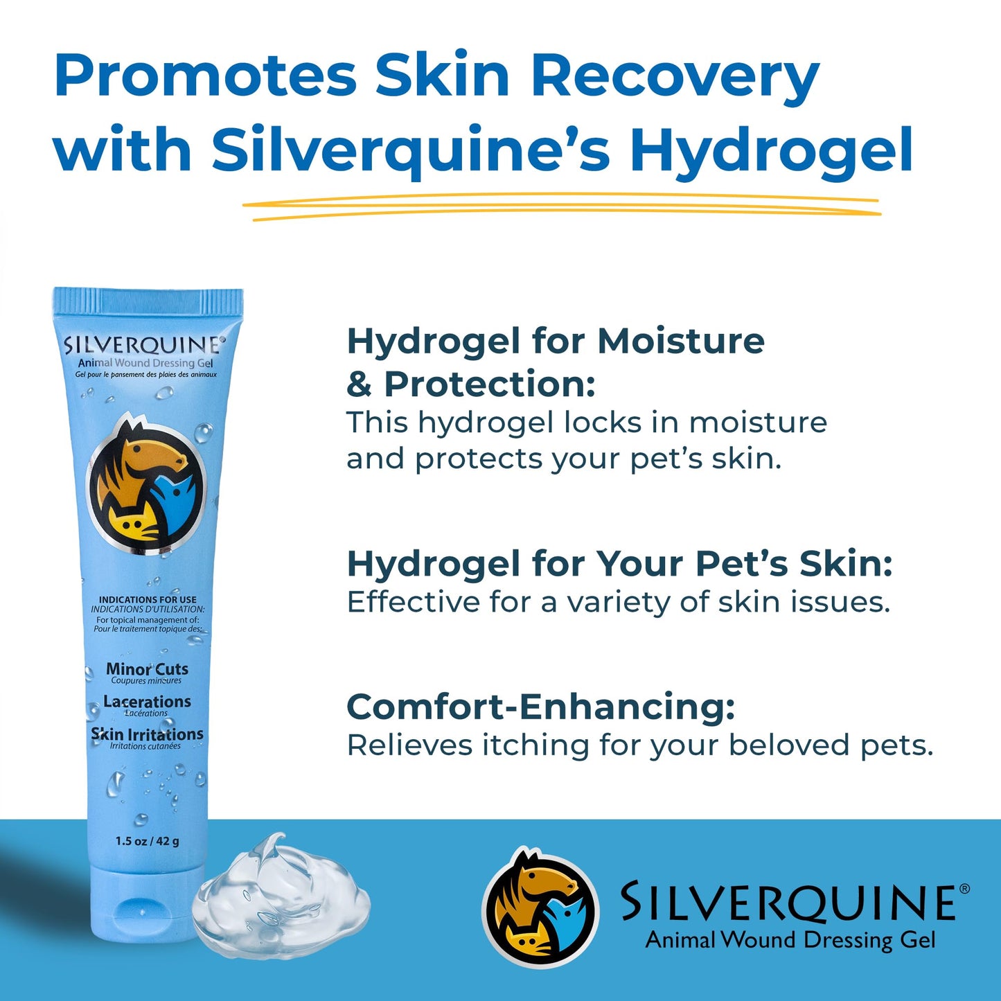 Silverquine Pet Cut & Itch Care - Hot Spot Gel for Dogs, Cats, Horses - Hydrogel - Skin & Coat Care - Anti-Itching for Cats - for Cuts, Burns, Skin Irritation - Pet Recovery – 1.5OZ