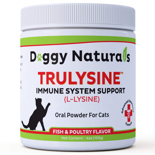 Trulysine L-Lysine for Cats Immune Support Oral Powder 4oz/100g - Cats & Kittens of All Age, Sneezing, Runny Nose Squinting, Watery Eyes - Fish & Poultry Flavor (U.S.A)(100 Grams ( 500mg / Scoop))