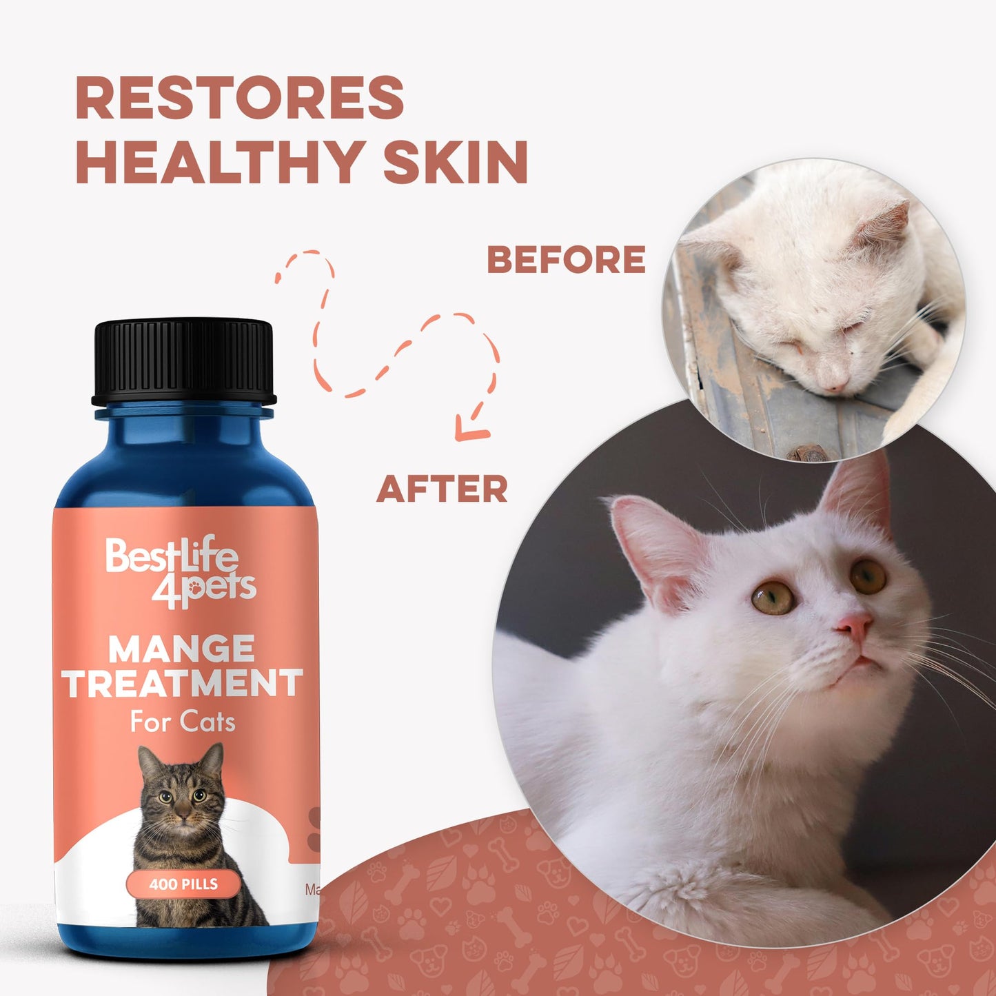 Mange Treatment for Cats, Natural Ear Mite Treatment & Cat Itchy Skin Relief Helps with Feline Scabies, Cat Dandruff, Shedding, Excessive Grooming and General Feline Skin Care, 400 Odorless Pills