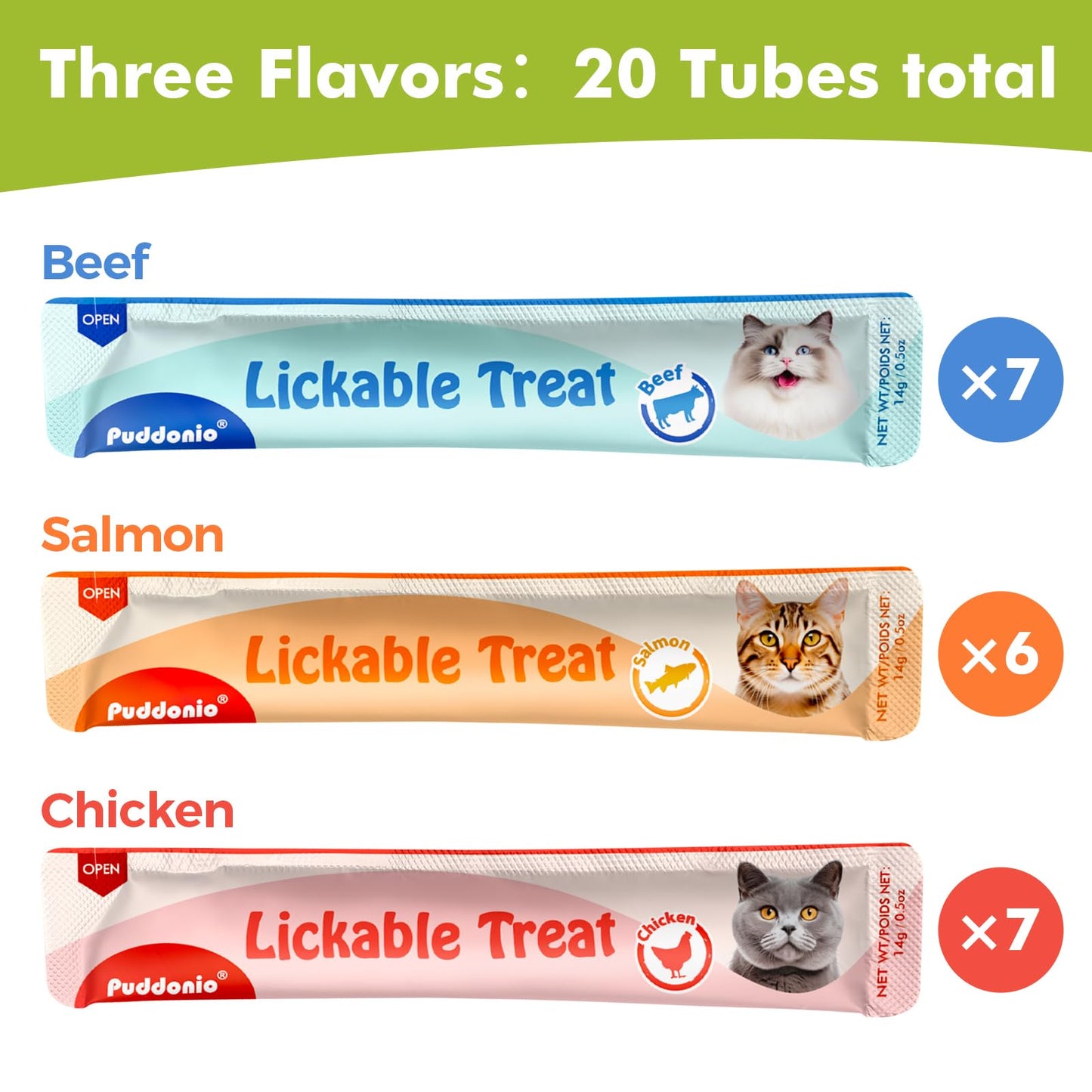 Puddonio High Meat Content Lickable Wet Cat Treats, Healthy Squeezable Soft Puree Cat Snacks - 0.5 Ounces Each Tube, 20 Tubes