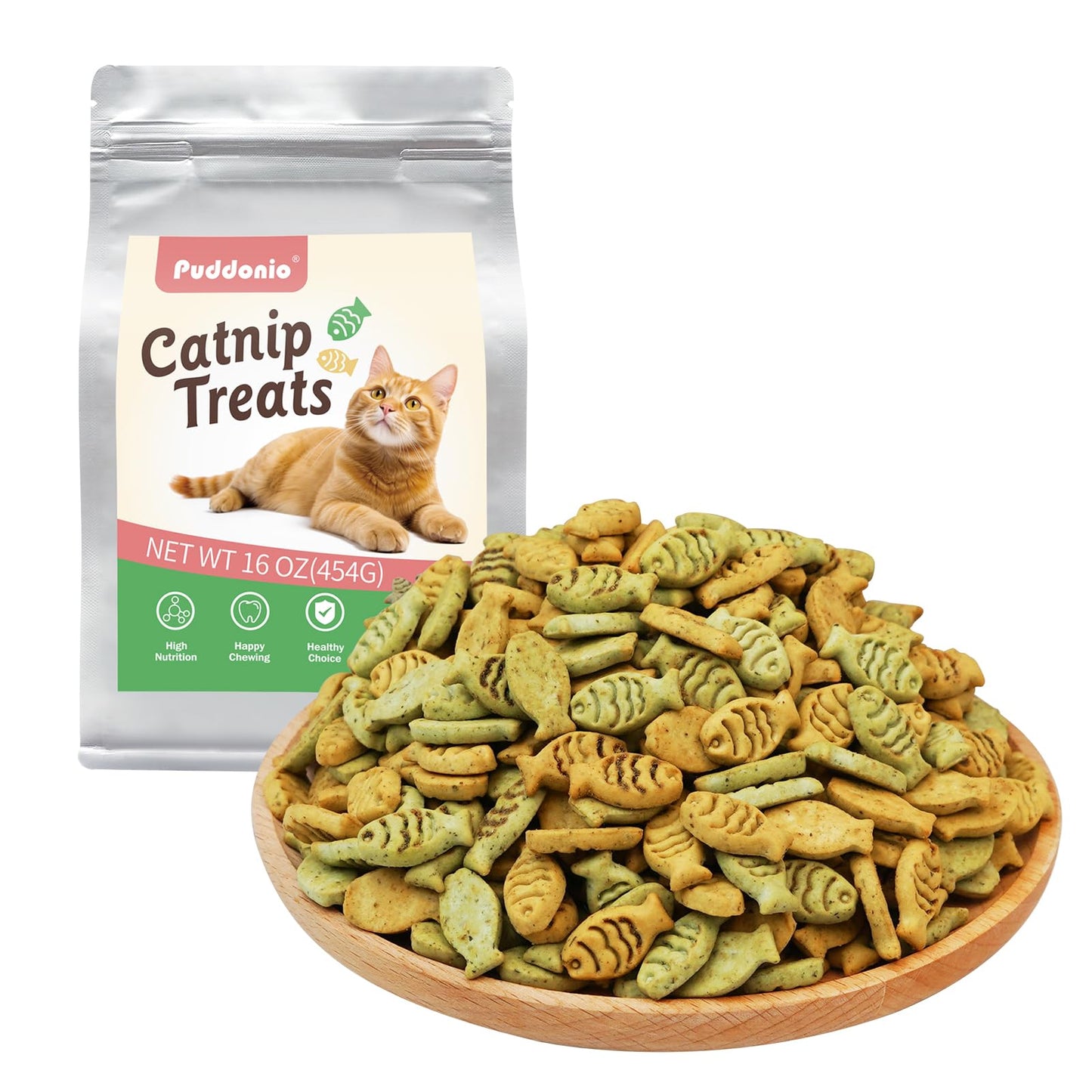 Puddonio Catnip Cat Treats, Chicken and Salmon Flavor Cat Snacks, Training Biscuits Treats for Cats, Crunchy Fish Shape Adult Cat Biscuits, 16 oz