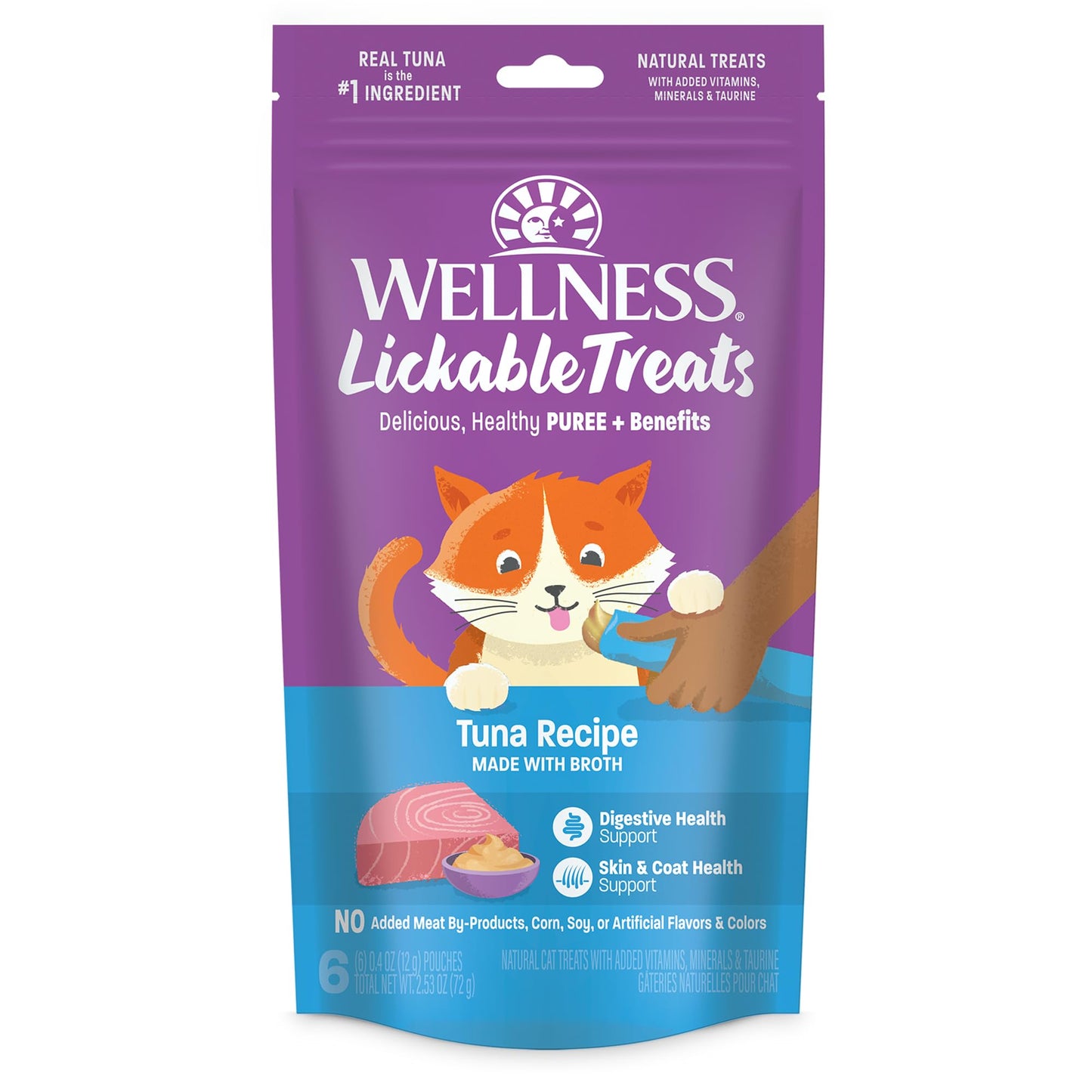 Wellness Lickable Treats Soft Puree Natural Grain Free Adult Cat Treats, Tuna Recipe, Contains 6-0.4 Ounce Squeezable Tubes