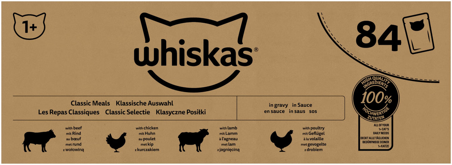 Whiskas 1+ Katzennassfutter Klassische Auswahl in Sauce, 84x85g (1 Großpackung) – Hochwertiges Nassfutter für ausgewachsene Katzen in 84 Portionsbeuteln