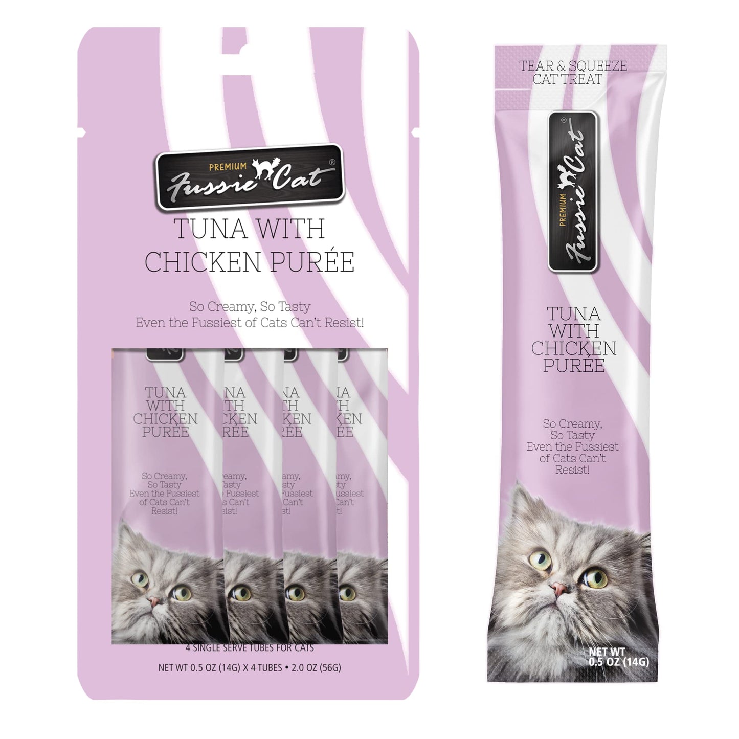 Fussie Cat Tuna with Chicken Puree, lickable cat treats, 0.5oz pouch pack of 4