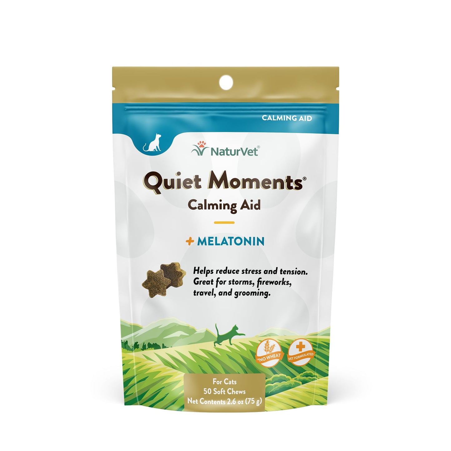 NaturVet Quiet Moments Calming Aid Cat Supplement Plus Melatonin – Helps Reduce Stress in Cats – for Pet Storm Anxiety, Motion Sickness, Grooming, Separation, Travel – 50 Ct. Soft Chews