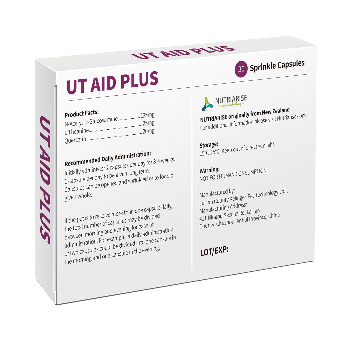 Nutriarise UT AID Plus Feline Idiopathic Cystitis, Cat & Dog Urinary Tract Infection Support, for Treating Incontinence, Bladder Stones, Frequent Urination，Destress, Calm Down- 30 Cap.