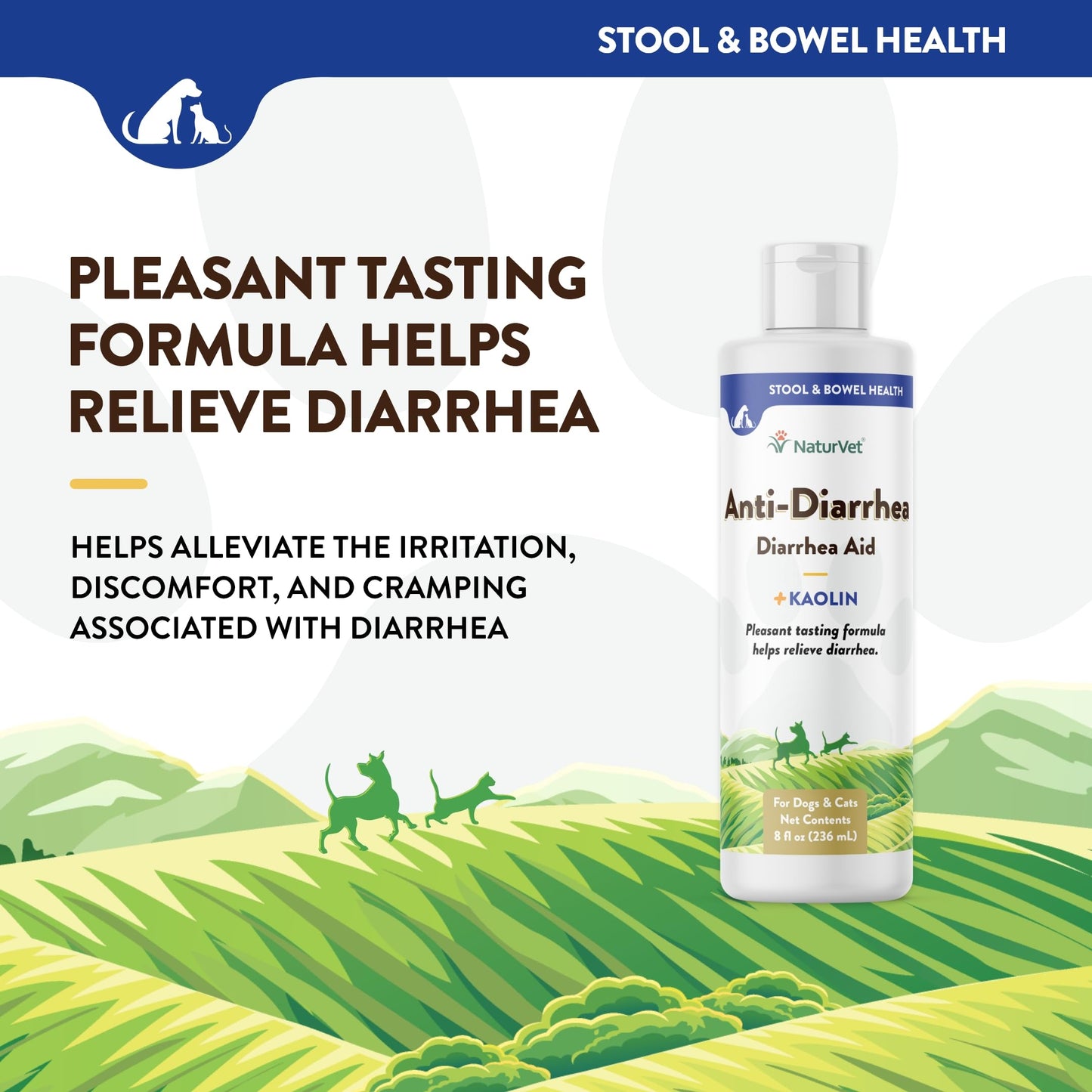 NaturVet Anti-Diarrhea Liquid Pet Supplement Plus Kaolin – Helps Alleviate Discomfort, Cramping, Irritation from Diarrhea for Dogs, Cats – Great Taste – 8 Oz.