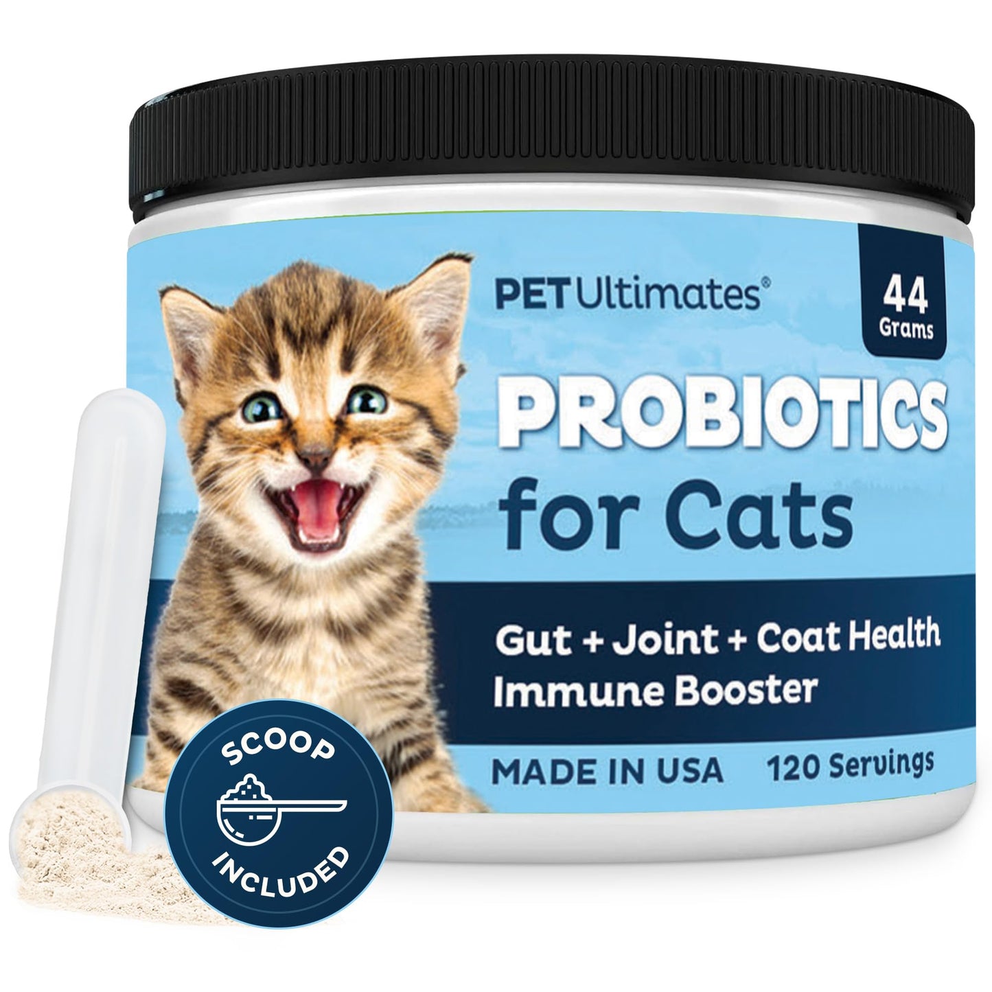 Pet Ultimates Probiotics for Cats – 20-Species Cat Probiotic Powder to Treat Diarrhea, Vomiting, Digestive Support & Cat Antibiotics Recovery – Cat Health Supplies (44 gr)