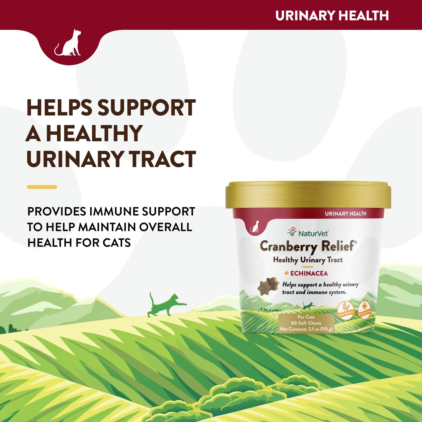 NaturVet Cranberry Relief Plus Echinacea for Cats, 60 ct Soft Chews, Made in The USA with Globally Source Ingredients