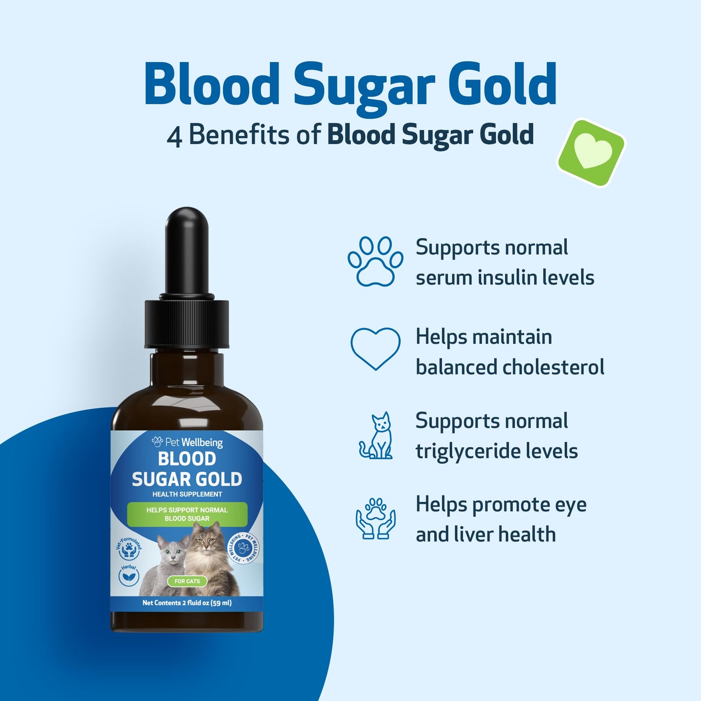 Pet Wellbeing - Blood Sugar Gold for Cats - Natural Support for Healthy Blood Sugar Levels in Diabetic Cats - Insulin Stabilization & Normal Pancreatic Function - 2 oz (59 ml)