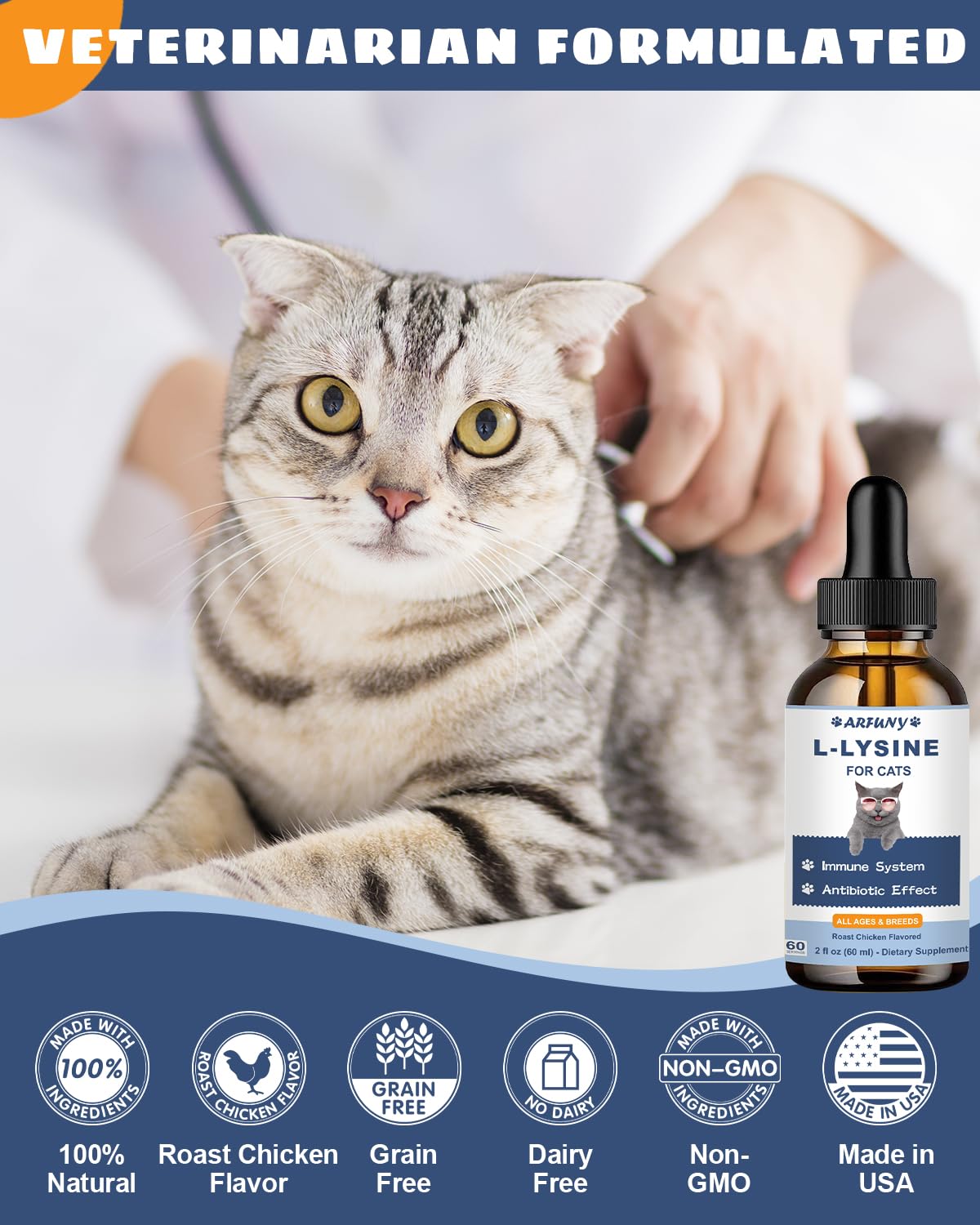 L-ysine Supplement for Cats - Immune Support - 60ML Lysine for Feline Respiratory, Sneezing, Runny Nose, Eye Function - Natural Cat Antibiotic Drops - Roast Chicken Flavor