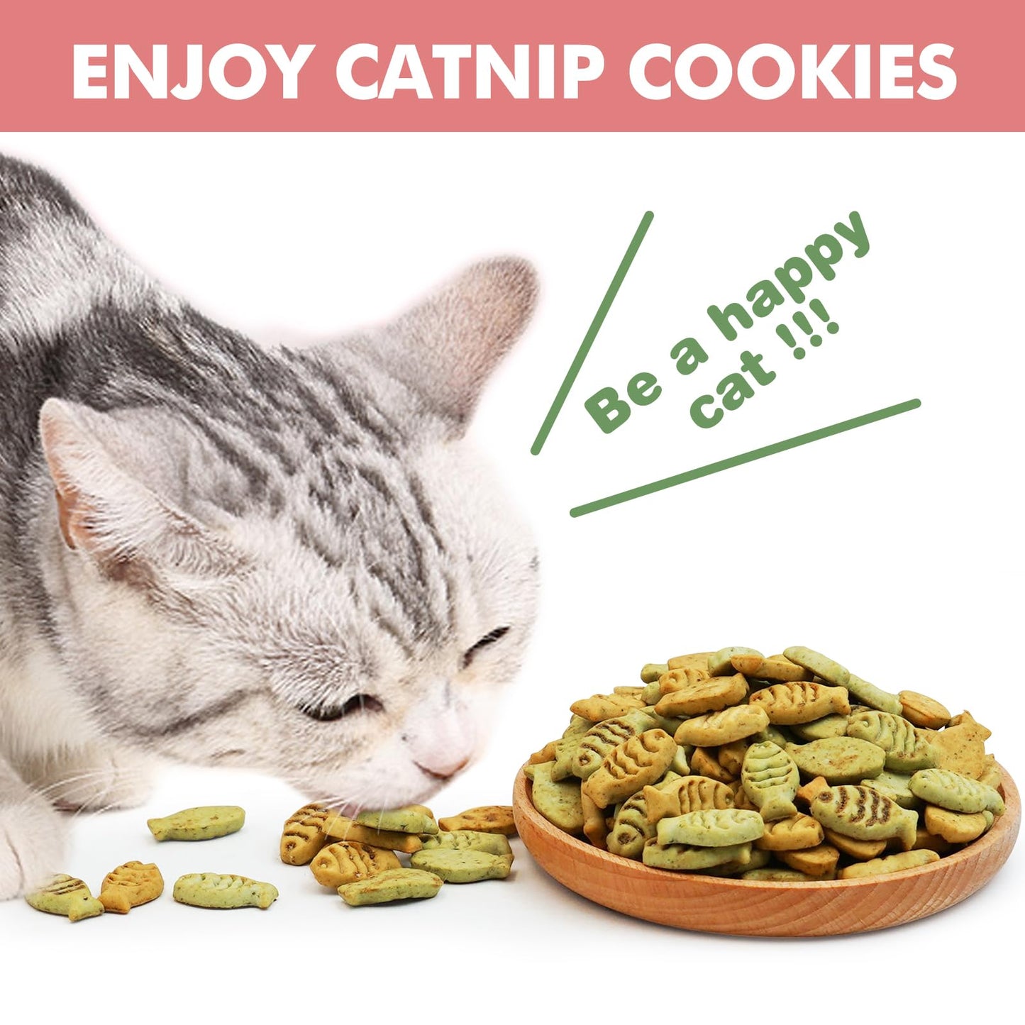 Puddonio Catnip Cat Treats, Chicken and Salmon Flavor Cat Snacks, Training Biscuits Treats for Cats, Crunchy Fish Shape Adult Cat Biscuits, 16 oz