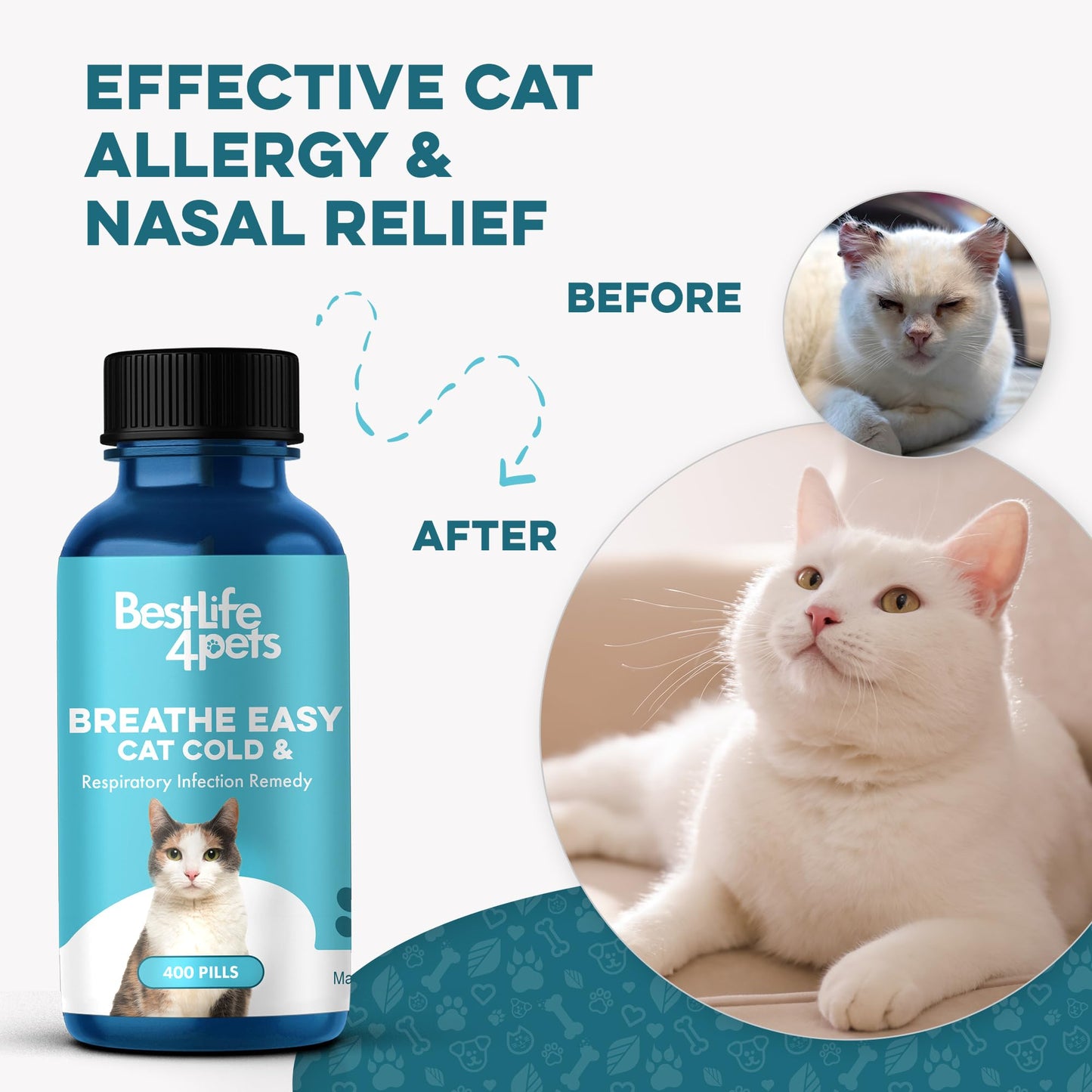 Cat Cold & Respiratory Infection Remedy, Breathe Easy Upper Respiratory Treatment for Cats Provides Natural Relief for Sneezing, Coughing, Nasal Congestion and Asthma, 400 Odorless, Tasteless Pills